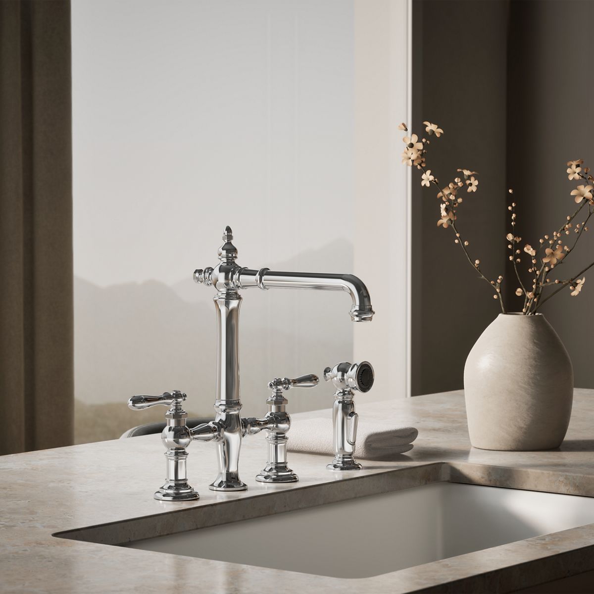 Artifacts® Three-hole bridge kitchen sink faucet with side sprayer — thumbnail 2