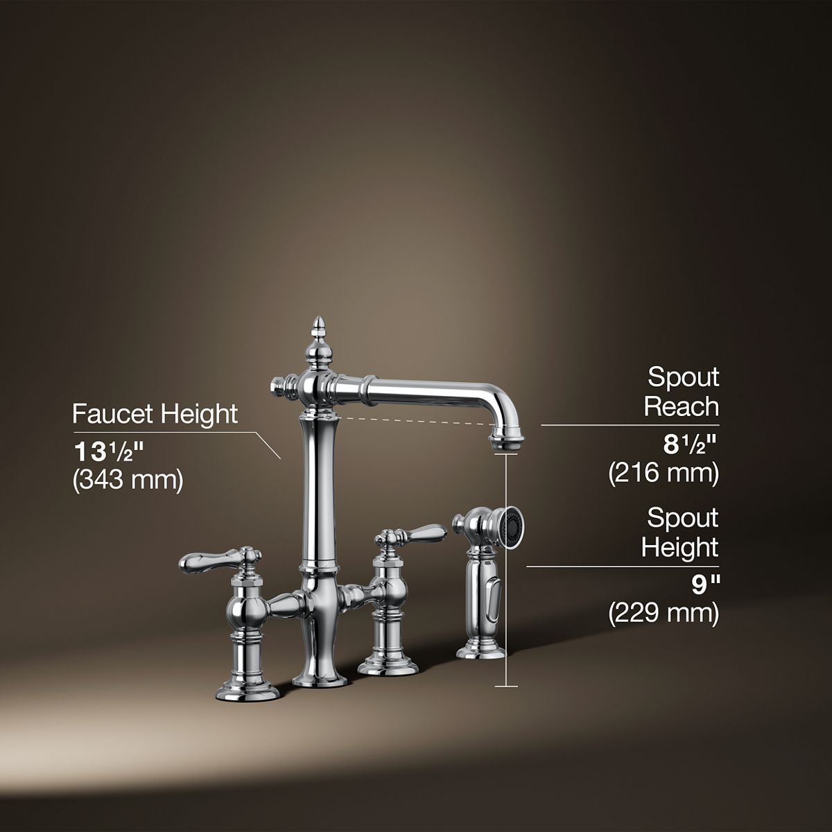 Artifacts® Three-hole bridge kitchen sink faucet with side sprayer — thumbnail 3