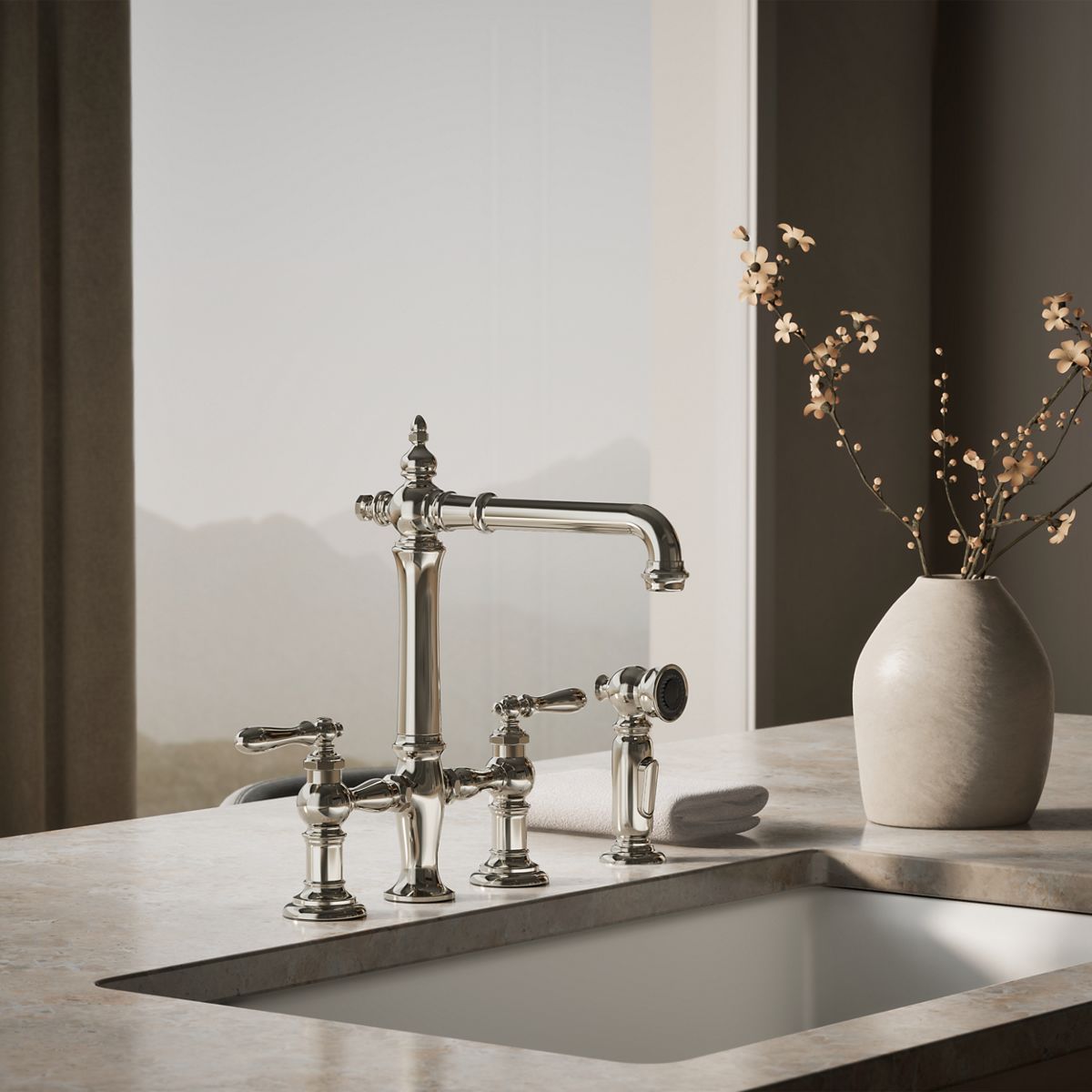 Artifacts® Three-hole bridge kitchen sink faucet with side sprayer — thumbnail 2