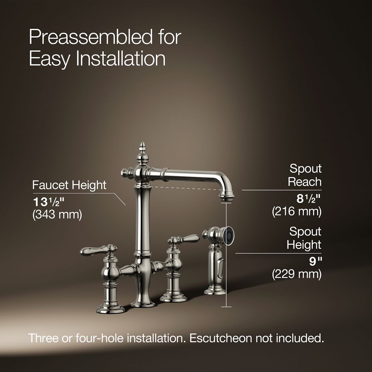 Artifacts® Three-hole bridge kitchen sink faucet with side sprayer — thumbnail 3