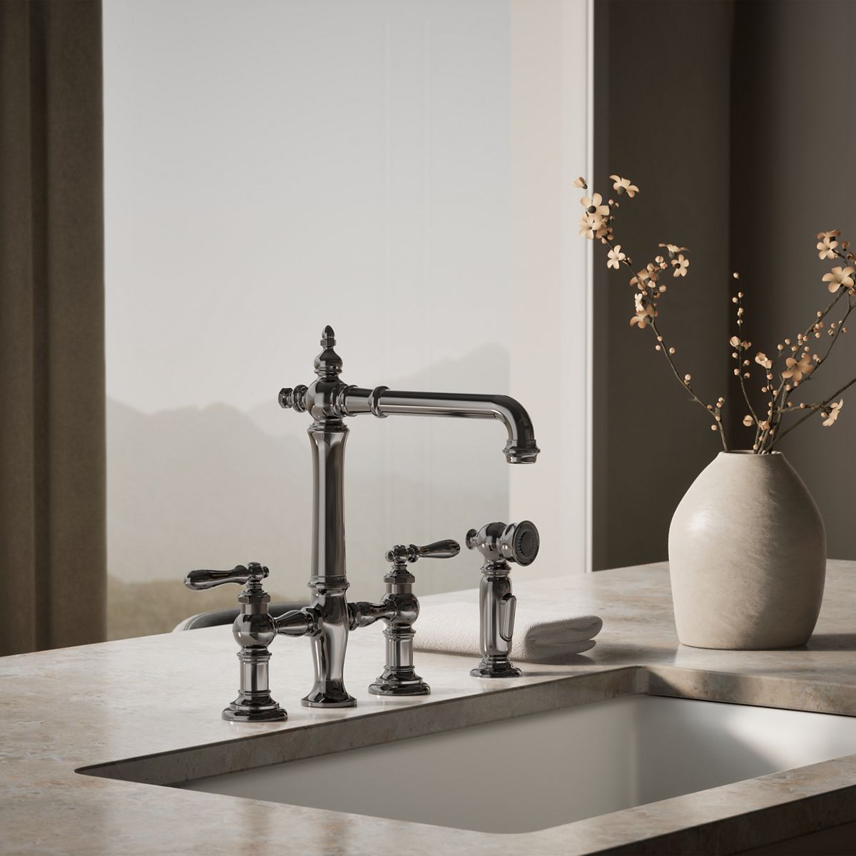 Artifacts® Three-hole bridge kitchen sink faucet with side sprayer — thumbnail 2