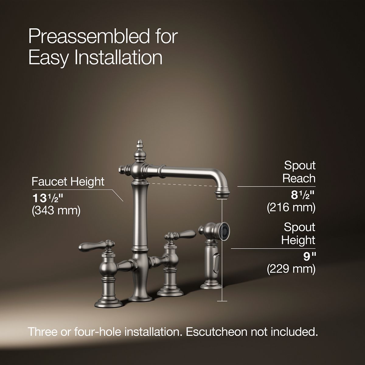 Artifacts® Three-hole bridge kitchen sink faucet with side sprayer — thumbnail 3