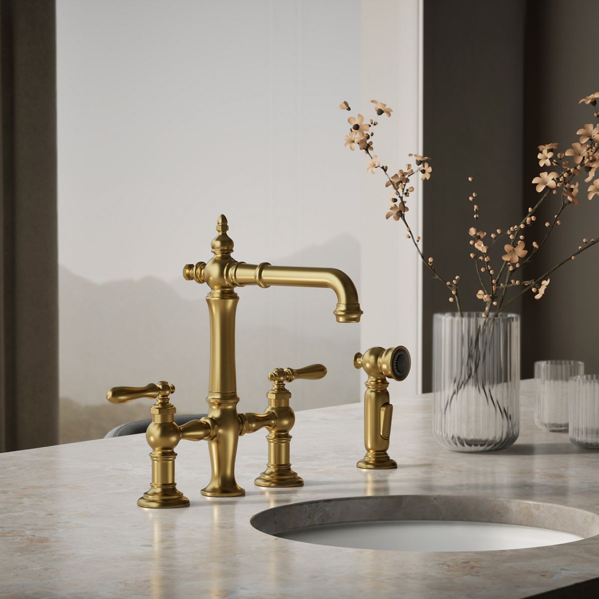 Artifacts® Three-hole bridge bar sink faucet with side sprayer — thumbnail 2