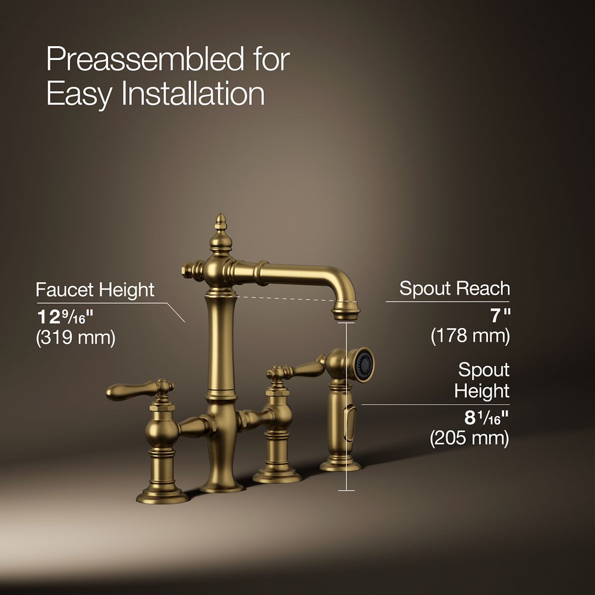 Artifacts® Three-hole bridge bar sink faucet with side sprayer — thumbnail 3