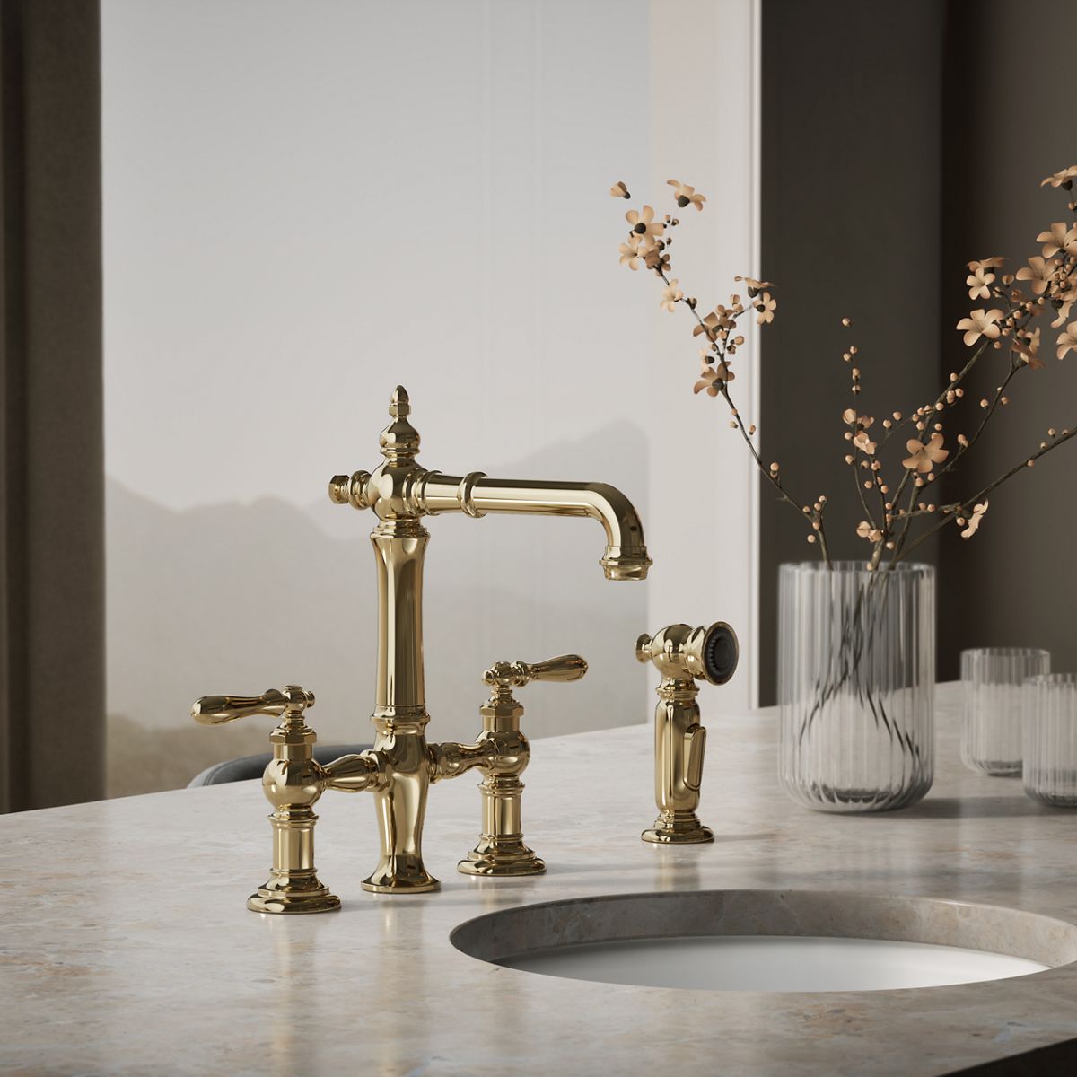 Artifacts® Three-hole bridge bar sink faucet with side sprayer — thumbnail 2