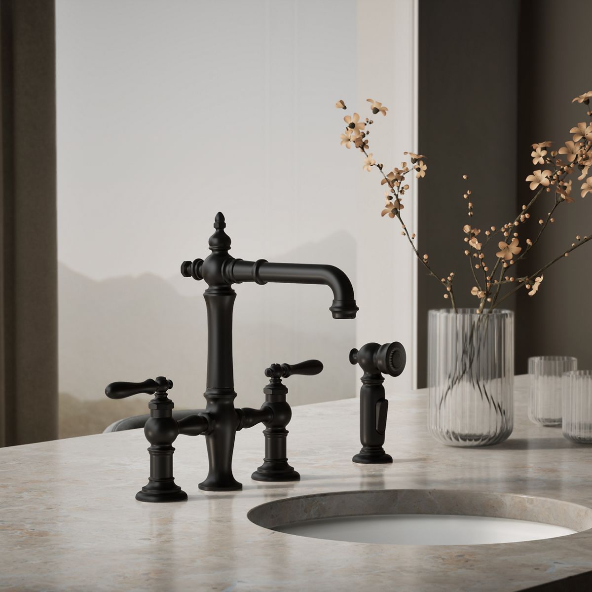 Artifacts® Three-hole bridge bar sink faucet with side sprayer — thumbnail 2