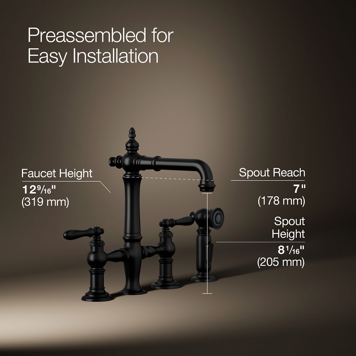 Artifacts® Three-hole bridge bar sink faucet with side sprayer — thumbnail 3