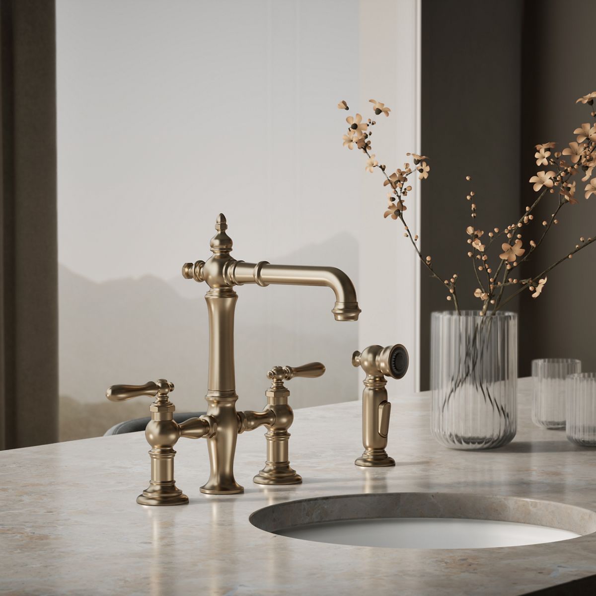 Artifacts® Three-hole bridge bar sink faucet with side sprayer — thumbnail 2