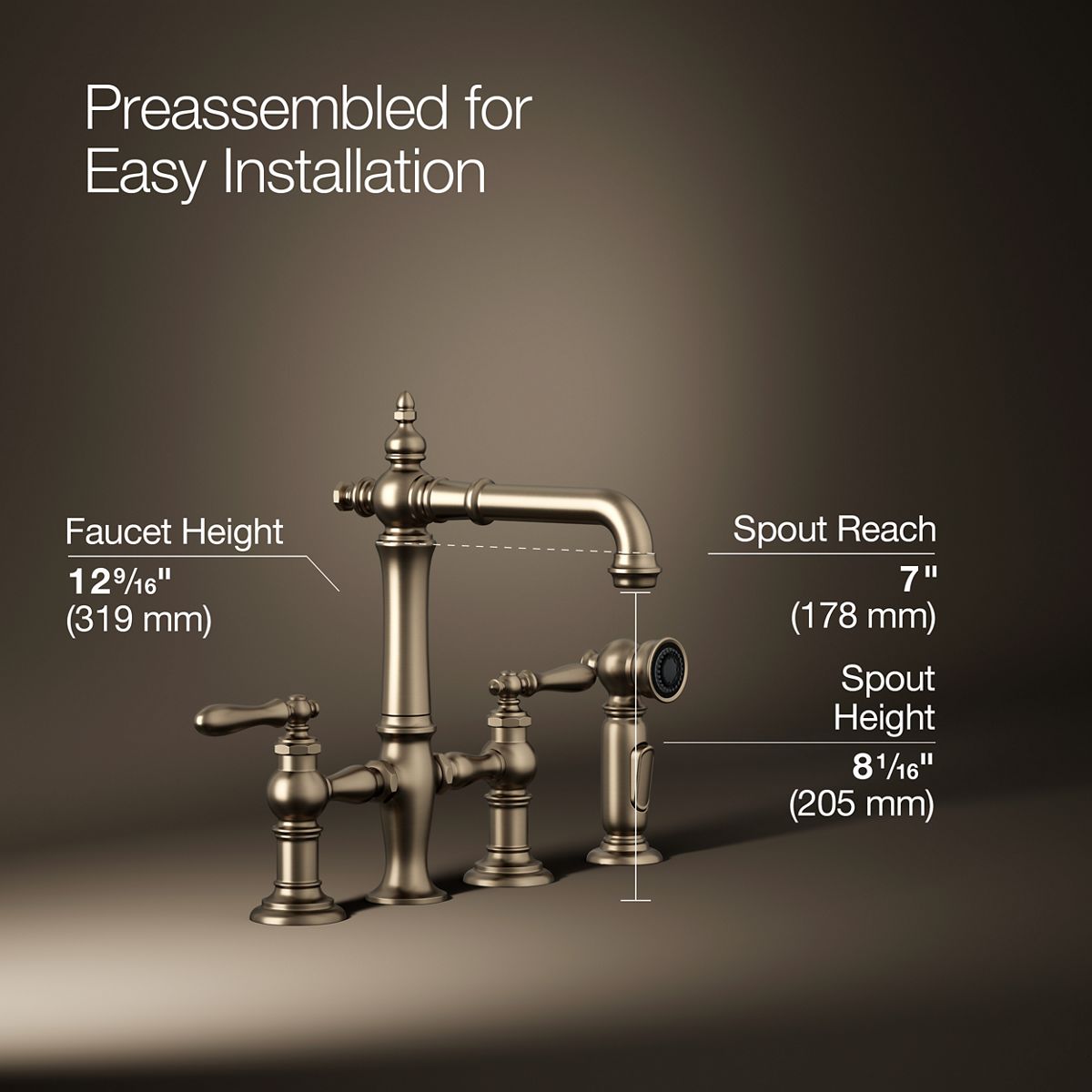 Artifacts® Three-hole bridge bar sink faucet with side sprayer — thumbnail 3