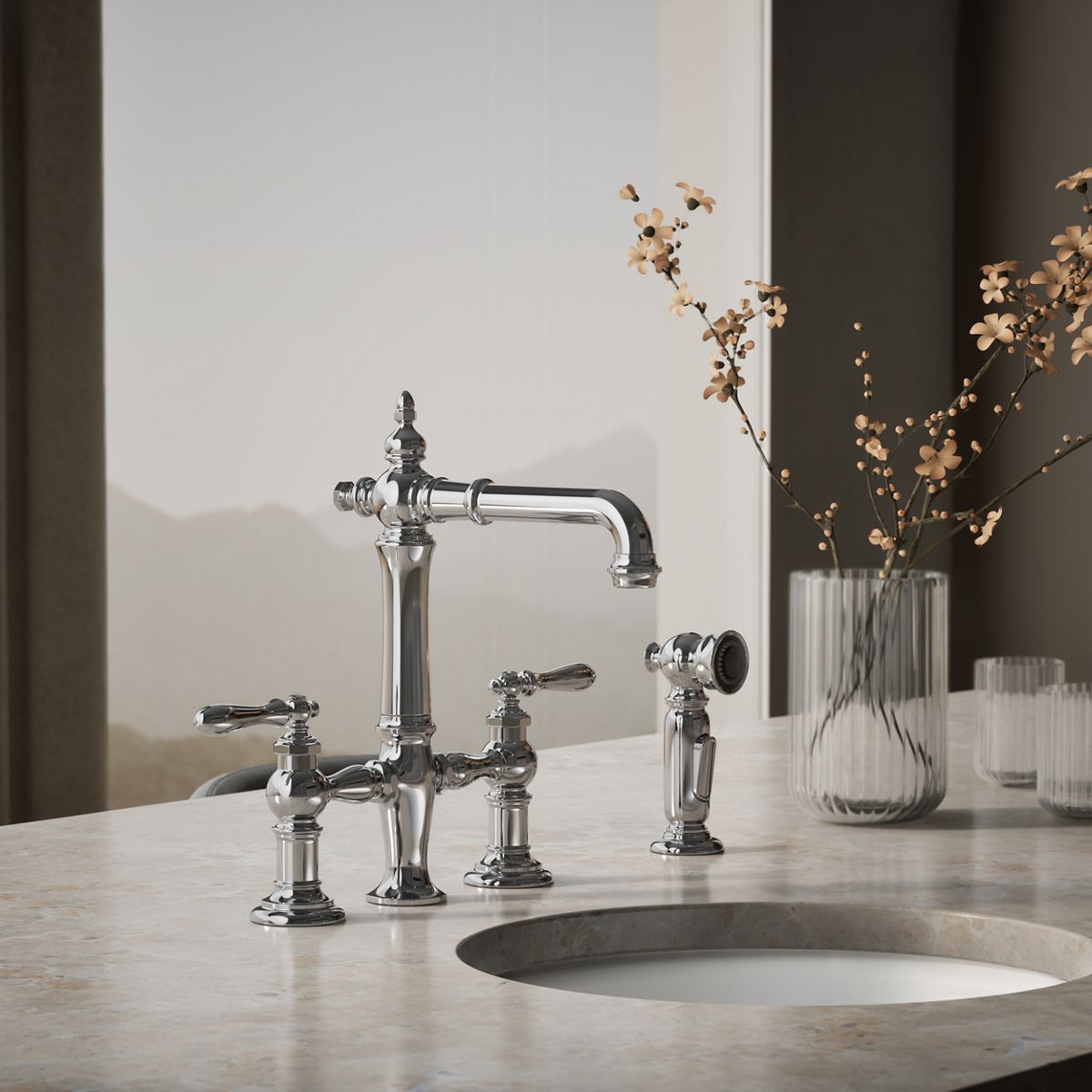 Artifacts® Three-hole bridge bar sink faucet with side sprayer — thumbnail 2