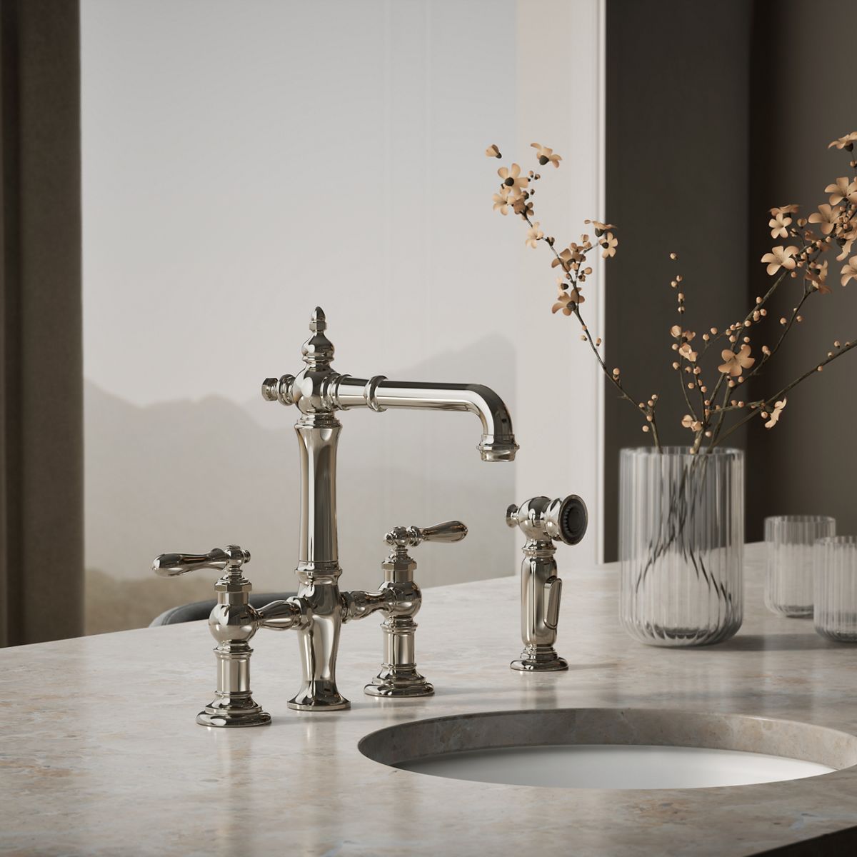 Artifacts® Three-hole bridge bar sink faucet with side sprayer — thumbnail 2