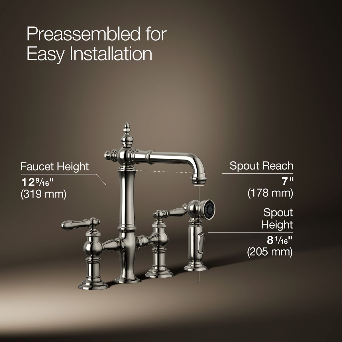 Artifacts® Three-hole bridge bar sink faucet with side sprayer — thumbnail 3