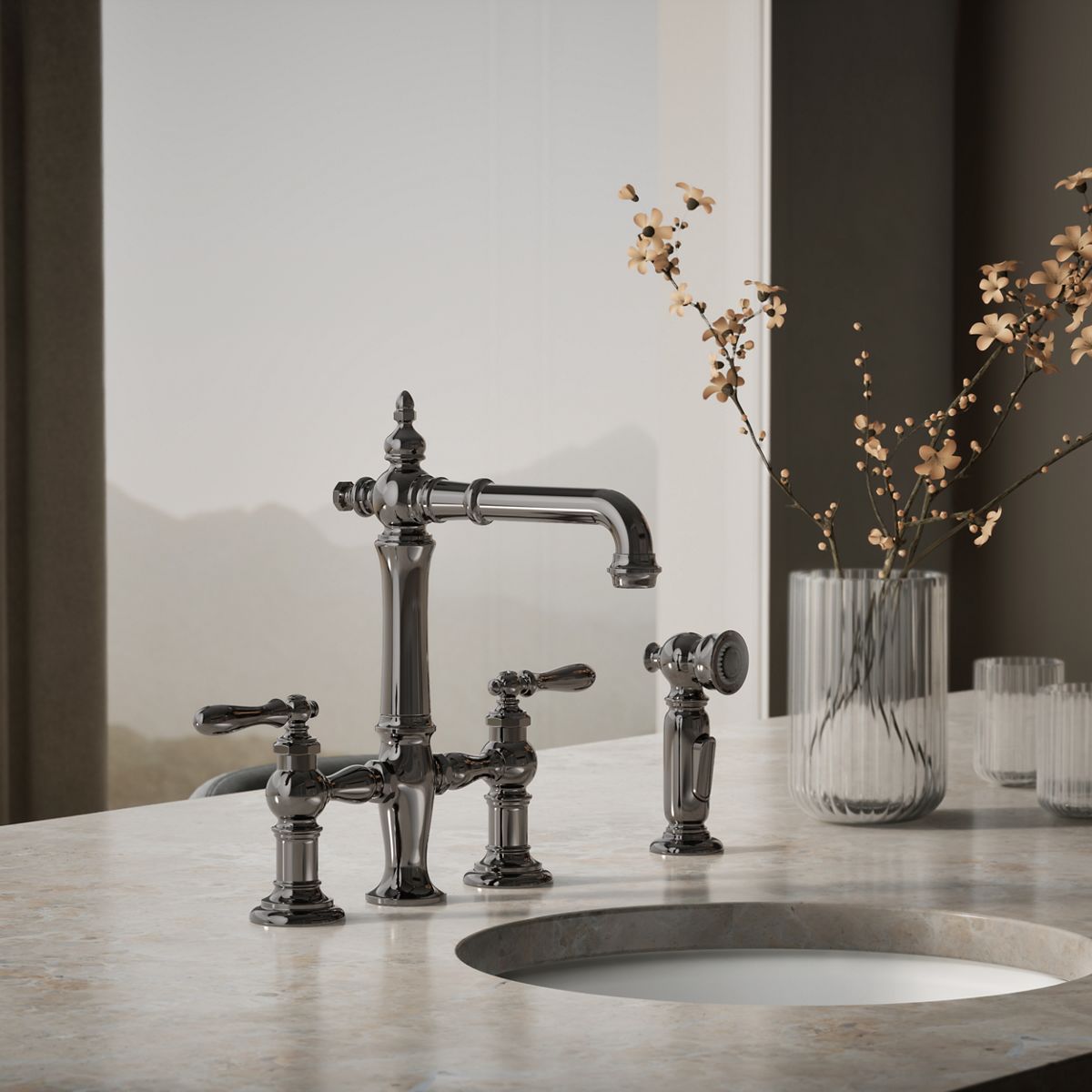 Artifacts® Three-hole bridge bar sink faucet with side sprayer — thumbnail 2