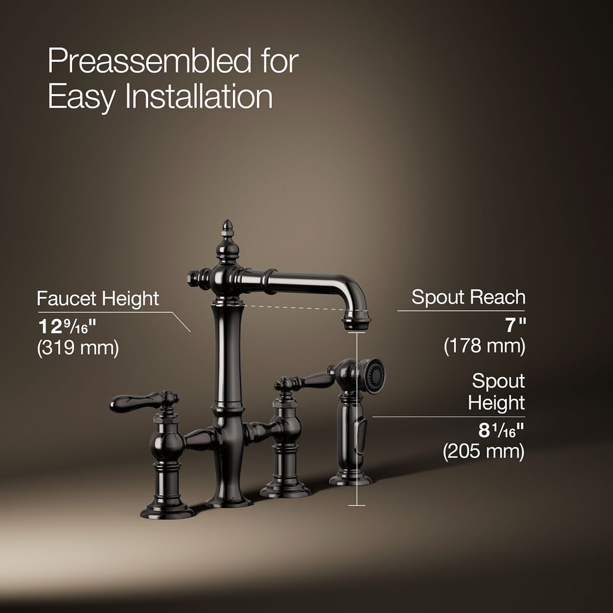 Artifacts® Three-hole bridge bar sink faucet with side sprayer — thumbnail 3