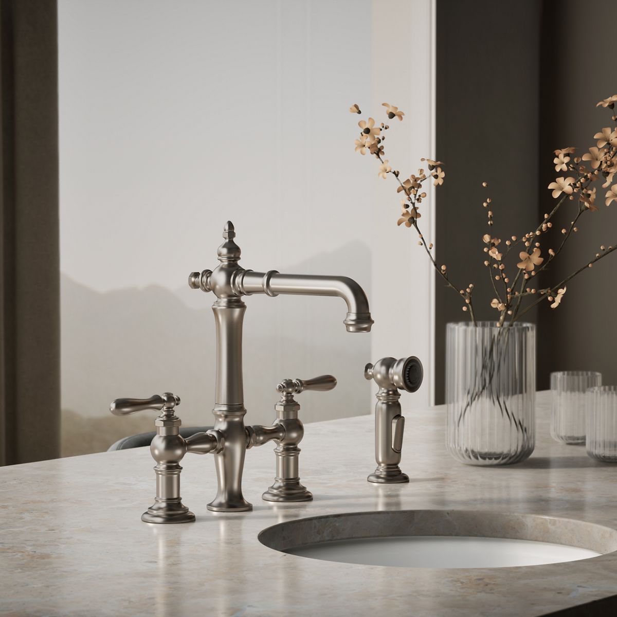 Artifacts® Three-hole bridge bar sink faucet with side sprayer — thumbnail 2