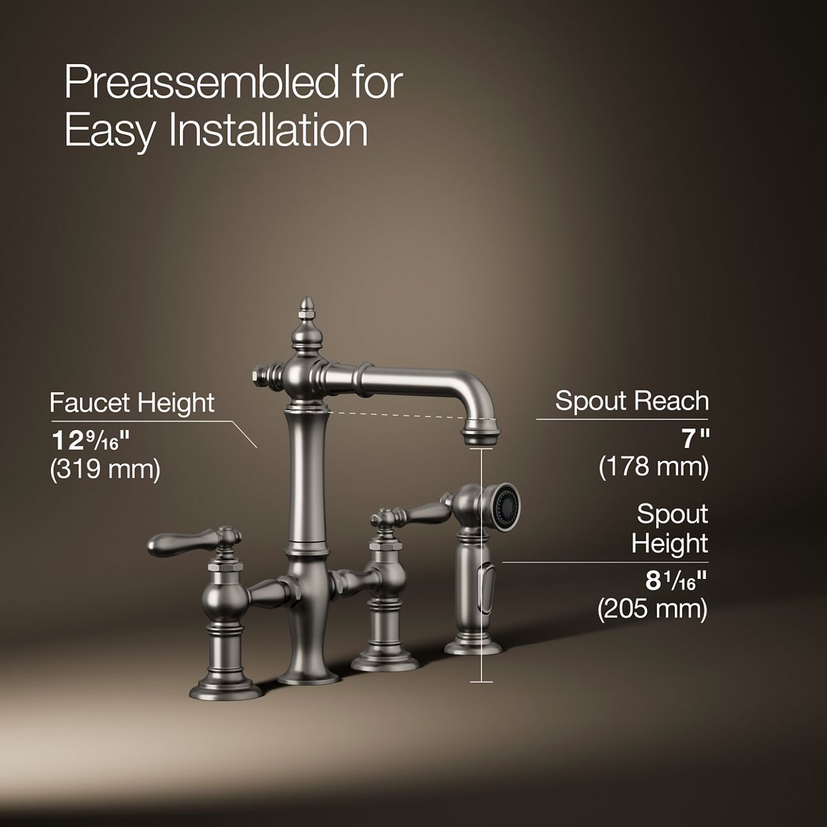 Artifacts® Three-hole bridge bar sink faucet with side sprayer — thumbnail 3