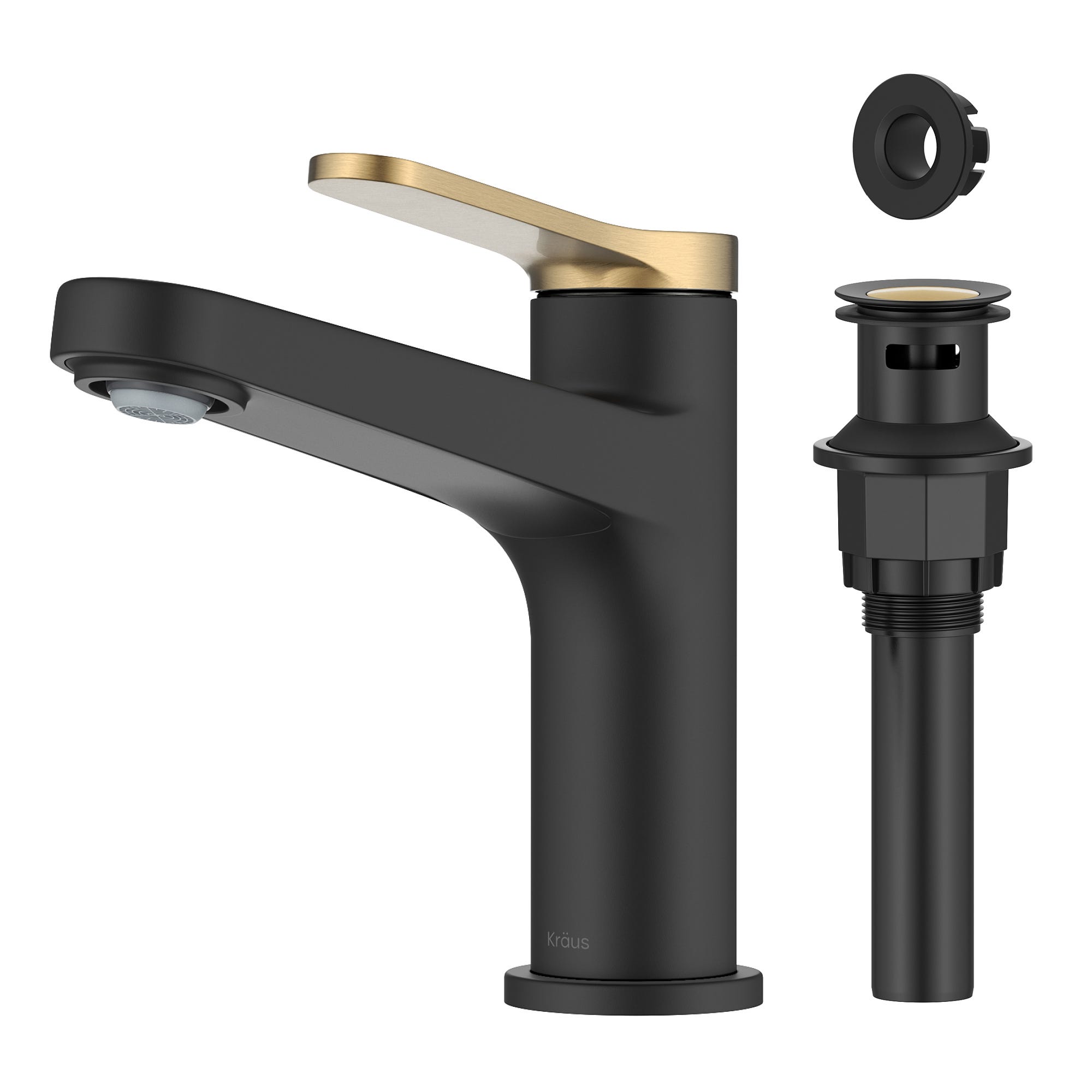 Single Handle Bathroom Faucet in Spot-Free Brushed Brass / Matte Black with Pop Up Drain — image 1