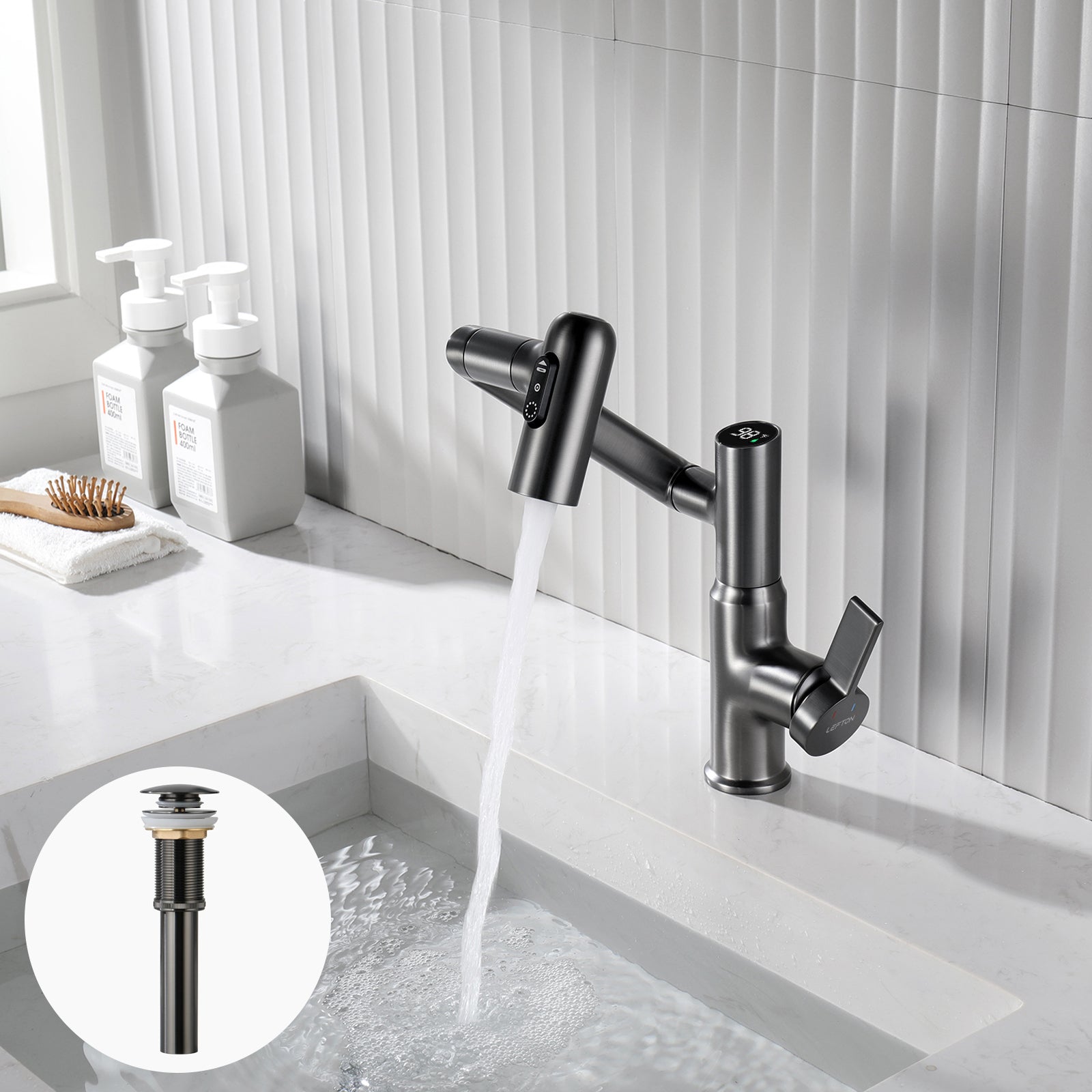 Lefton Single-Hole Rotatable Faucet with Temperature Display-BF2204 with Pop-up Bathroom Sink Drain Stopper Without Overflow-D01 — thumbnail 2