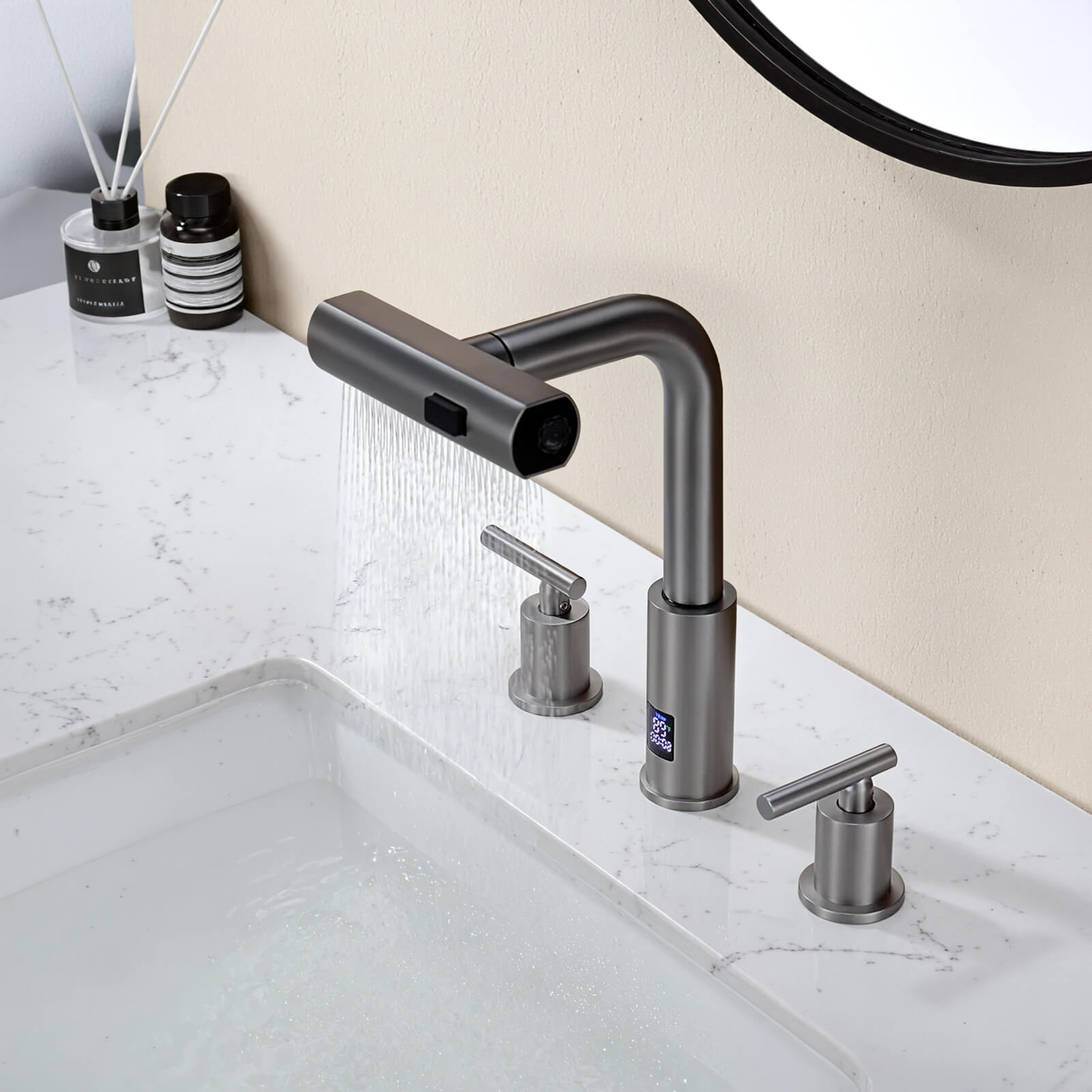 Lefton Two-Handle Widespread Waterfall & Pull-Out Bathroom Faucet with Temperature Display-BFWS2401 — thumbnail 3