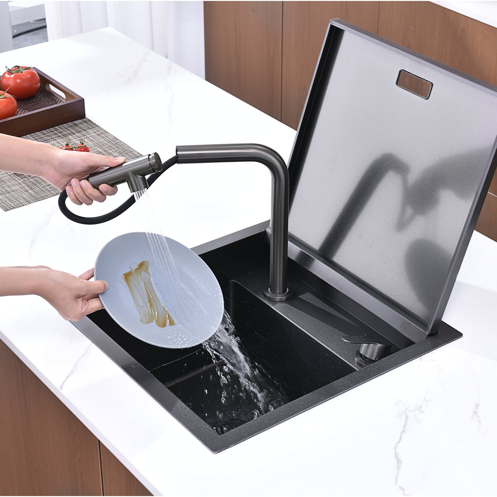 Lefton 17"x17" Stainless Steel Concealed RV & Kitchen Bar Workstation Sink with Liftable Pull-Out Faucet and Slow Drop Cover-BS2502 — image 1