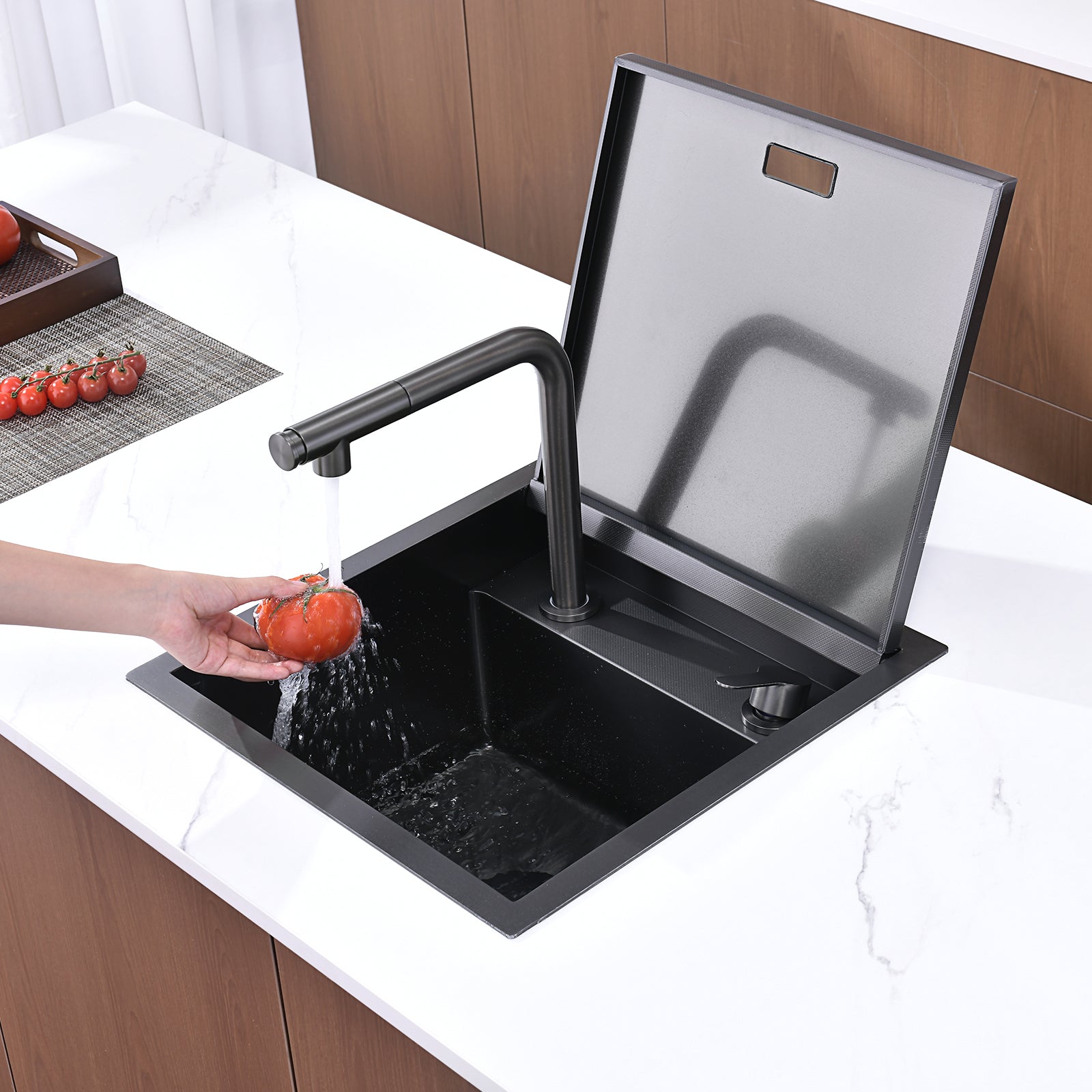 Lefton 17"x17" Stainless Steel Concealed RV & Kitchen Bar Workstation Sink with Liftable Pull-Out Faucet and Slow Drop Cover-BS2502 — thumbnail 2