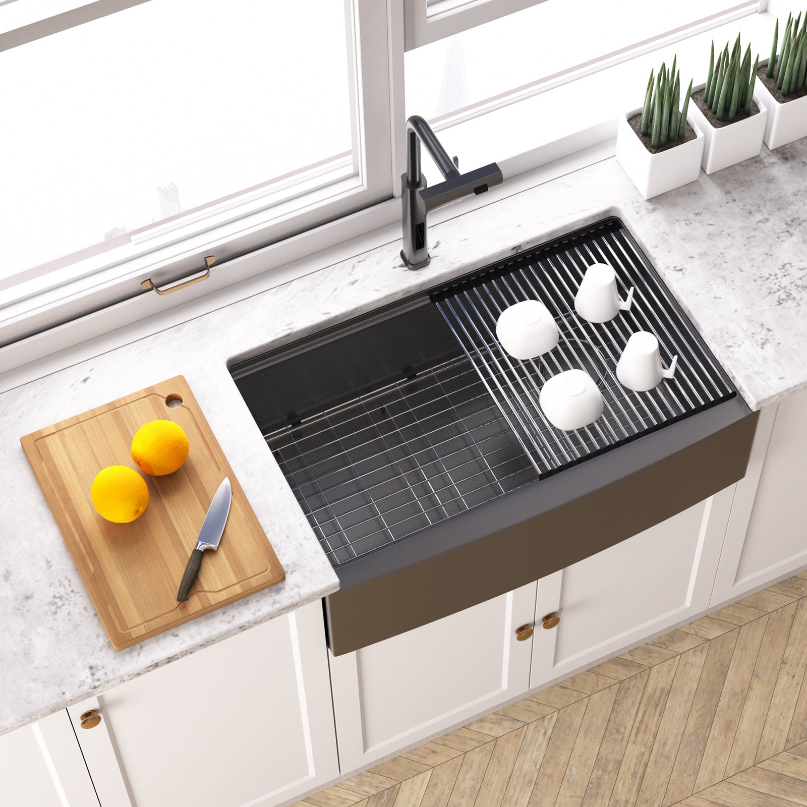 Lefton 33"x 22" Stainless Steel Farmhouse Kitchen Sink-FS2501 with Waterfall & Pull-Out Kitchen Faucet-KF2209 — image 1