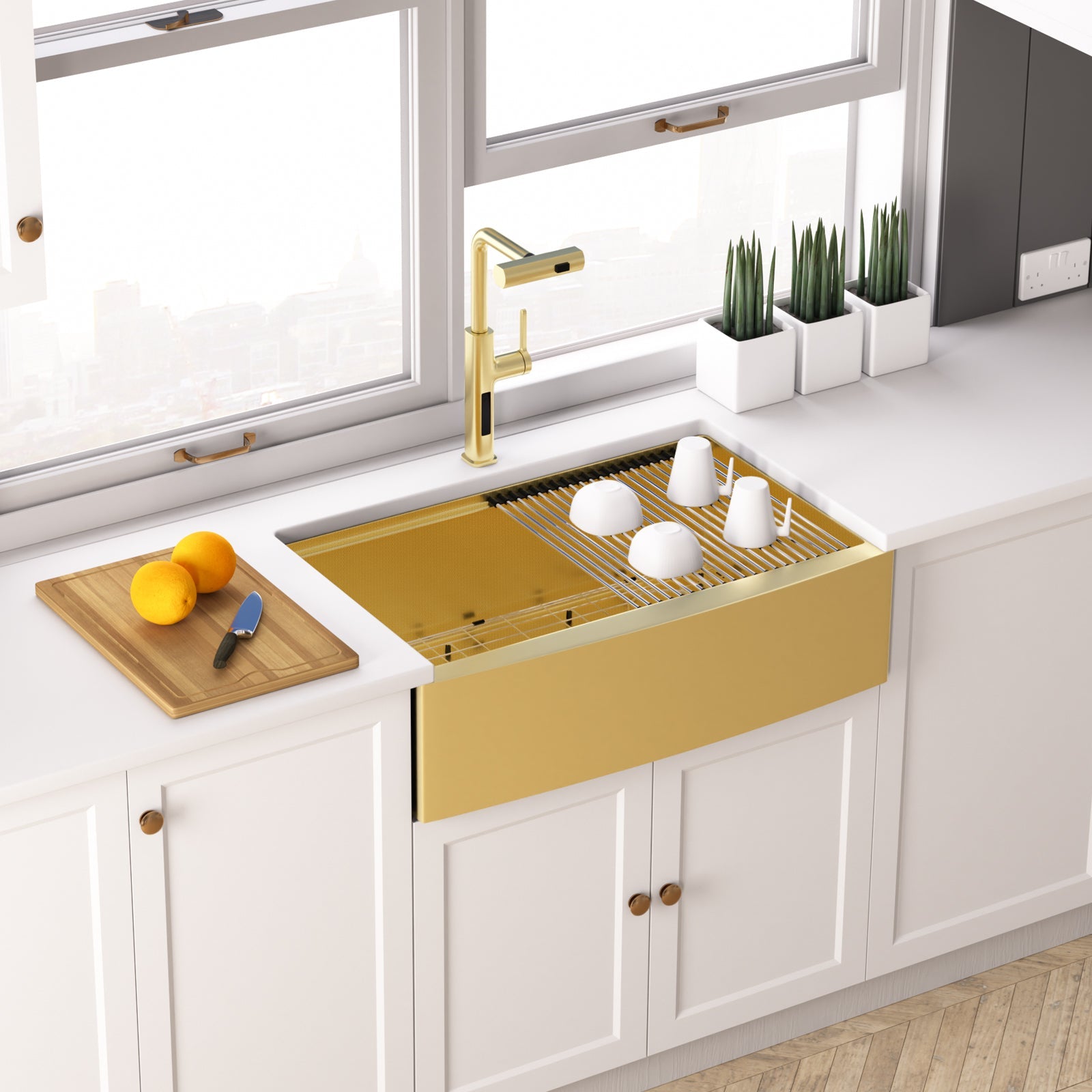 Lefton 33"x 22" Stainless Steel Farmhouse Kitchen Sink-FS2501 with Waterfall & Pull-Out Kitchen Faucet-KF2209 — image 1