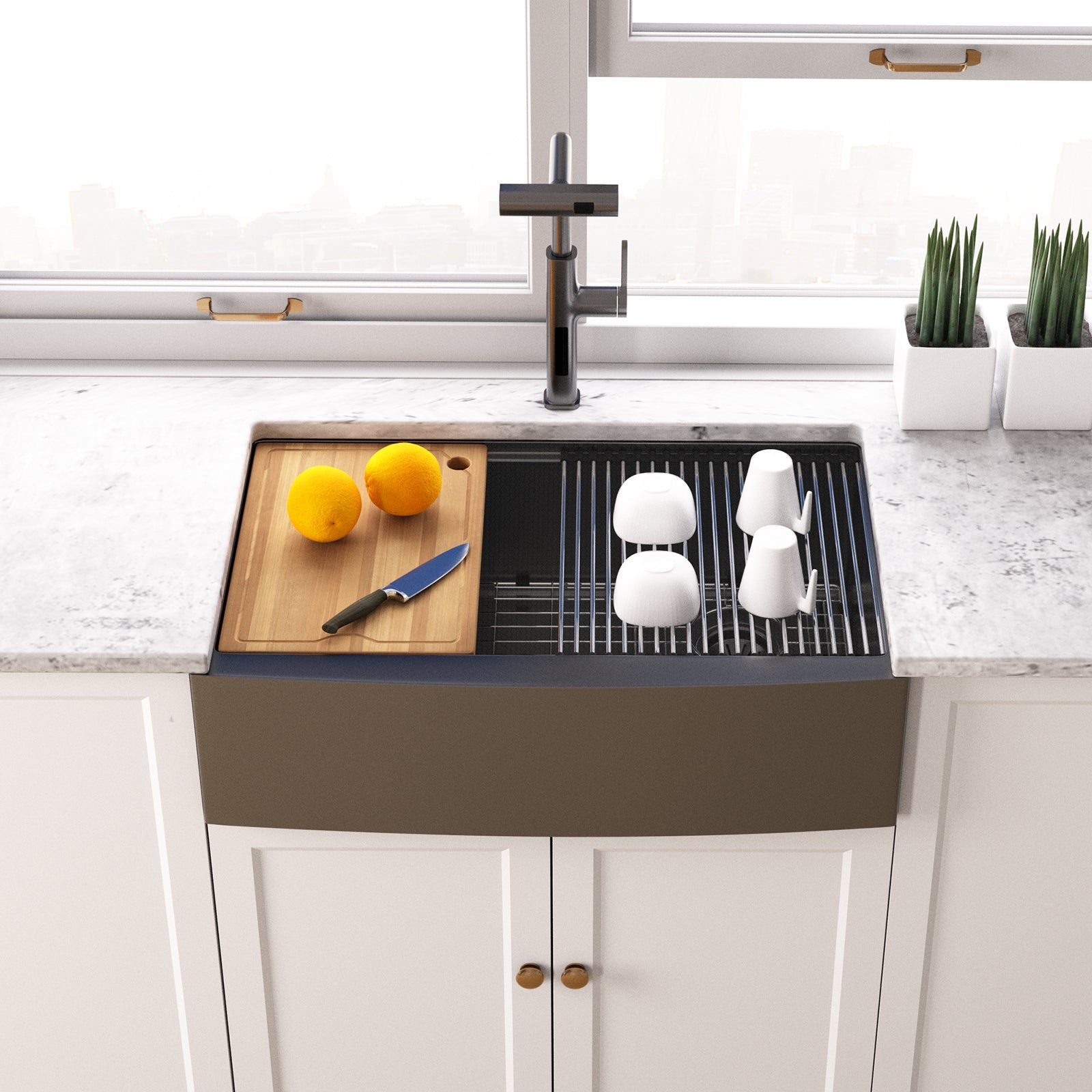 Lefton 33"x 22" Stainless Steel Farmhouse Kitchen Sink-FS2501 with Waterfall & Pull-Out Kitchen Faucet-KF2209 — thumbnail 3