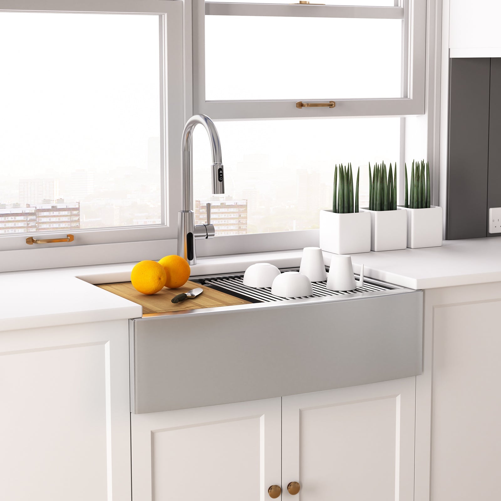 Lefton 33"x 22" Stainless Steel Farmhouse Kitchen Sink-FS2501 with Modern Pull-Down Kitchen Faucet-KF2501