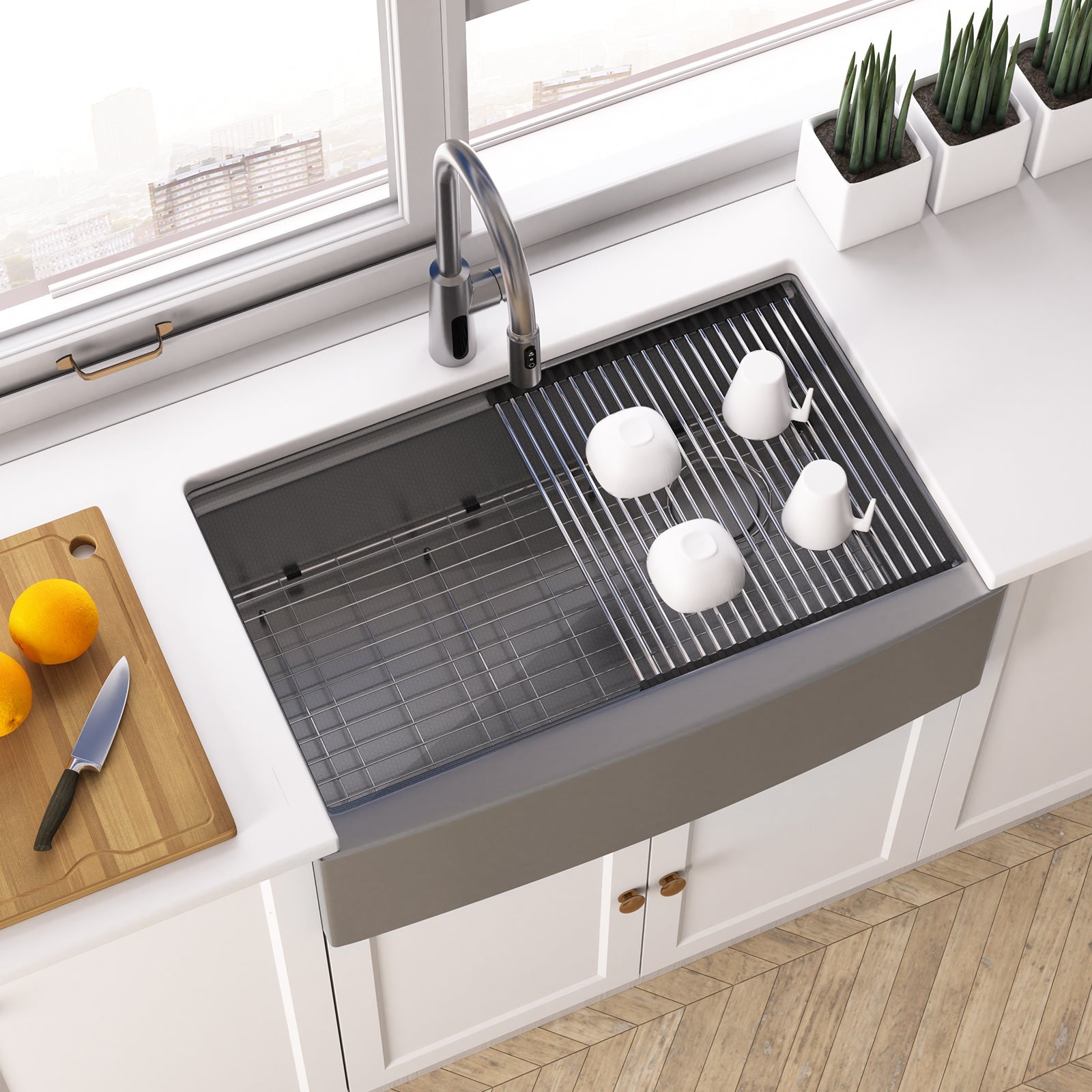 Lefton 33"x 22" Stainless Steel Farmhouse Kitchen Sink-FS2501 with Modern Pull-Down Kitchen Faucet-KF2501 — thumbnail 3