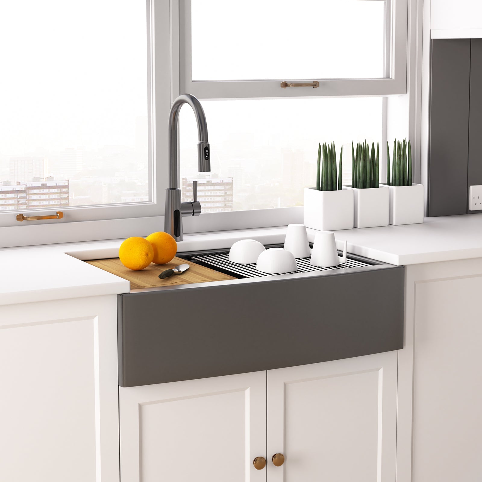 Lefton 33"x 22" Stainless Steel Farmhouse Kitchen Sink-FS2501 with Modern Pull-Down Kitchen Faucet-KF2501