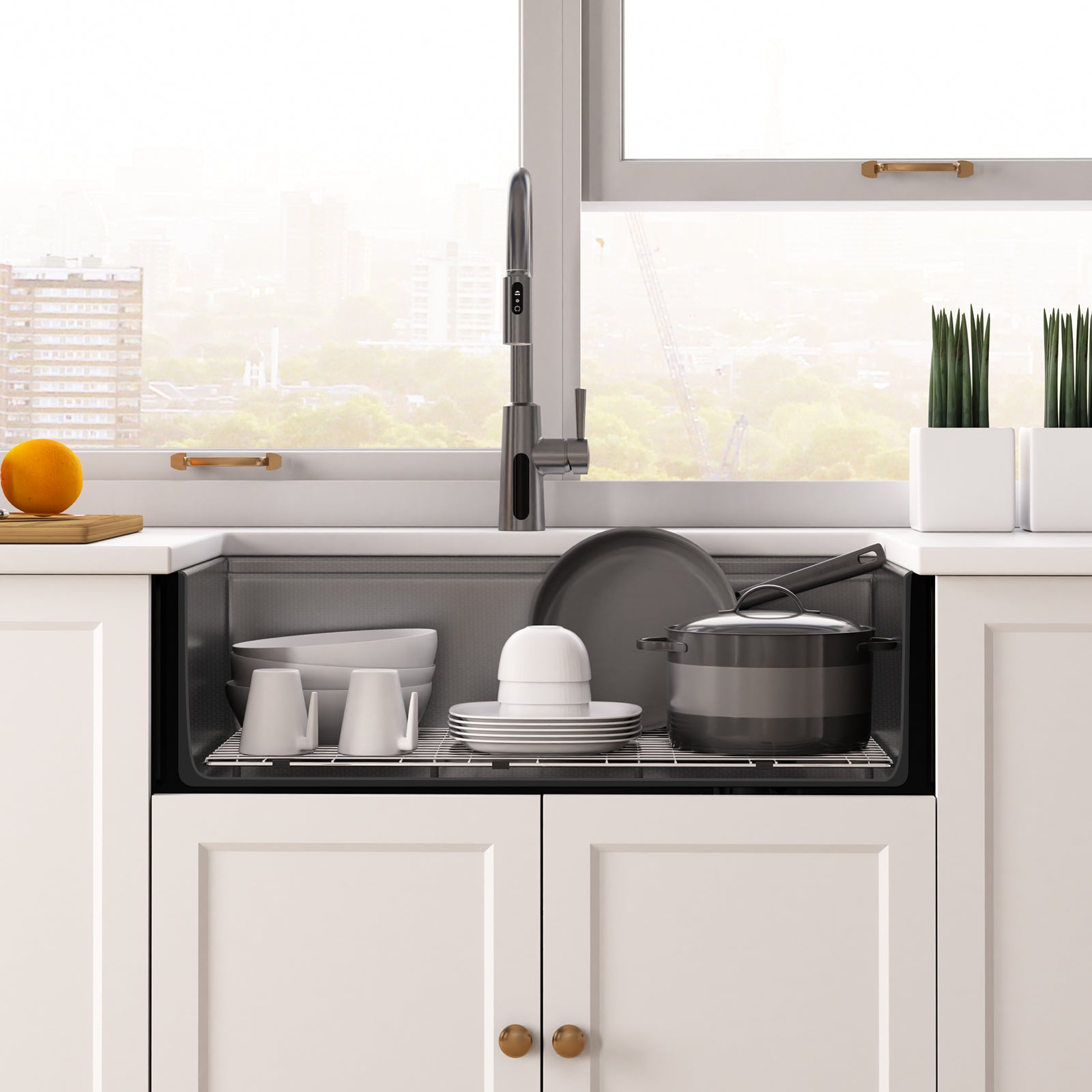 Lefton 33"x 22" Stainless Steel Farmhouse Kitchen Sink-FS2501 with Modern Pull-Down Kitchen Faucet-KF2501 — thumbnail 2