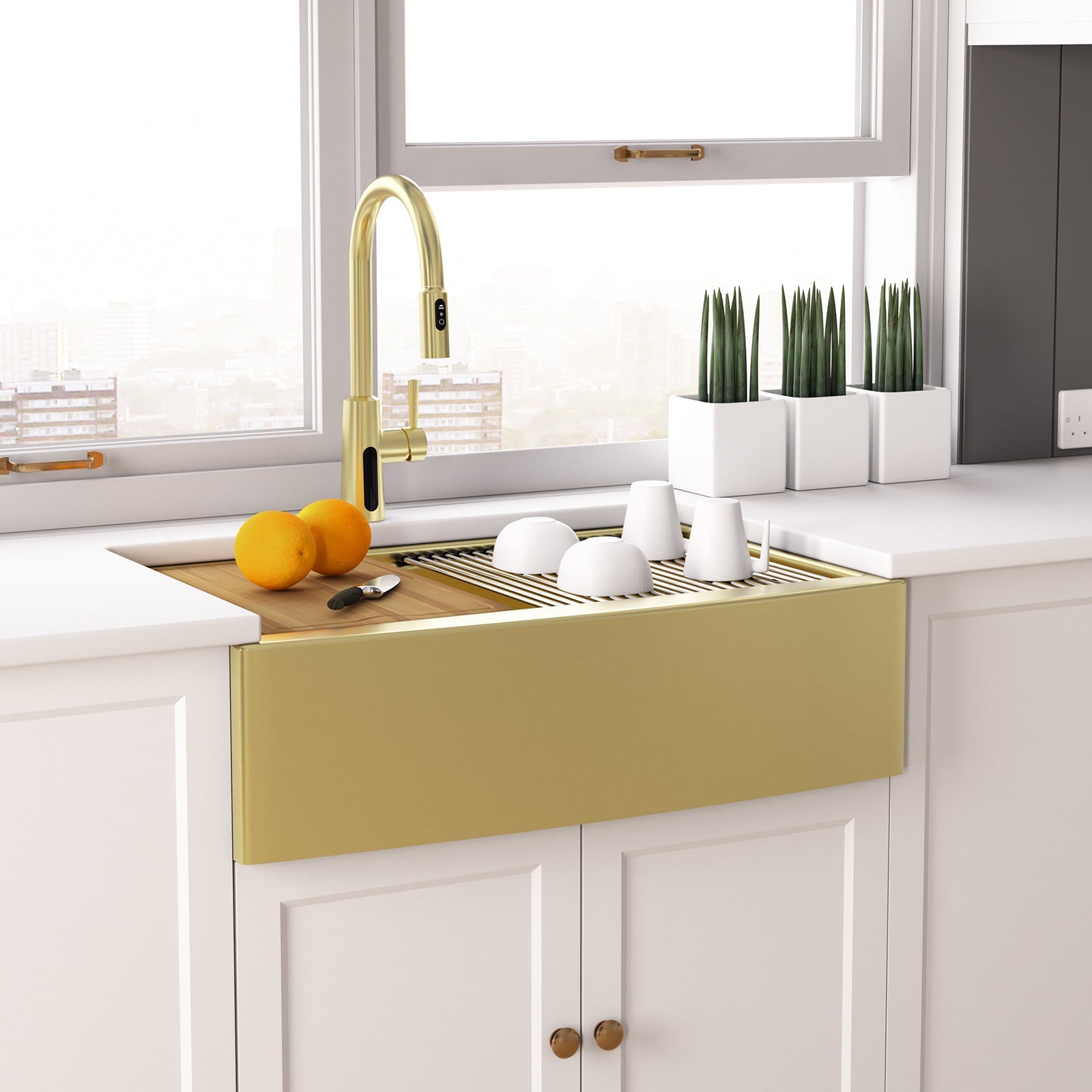 Lefton 33"x 22" Stainless Steel Farmhouse Kitchen Sink-FS2501 with Modern Pull-Down Kitchen Faucet-KF2501