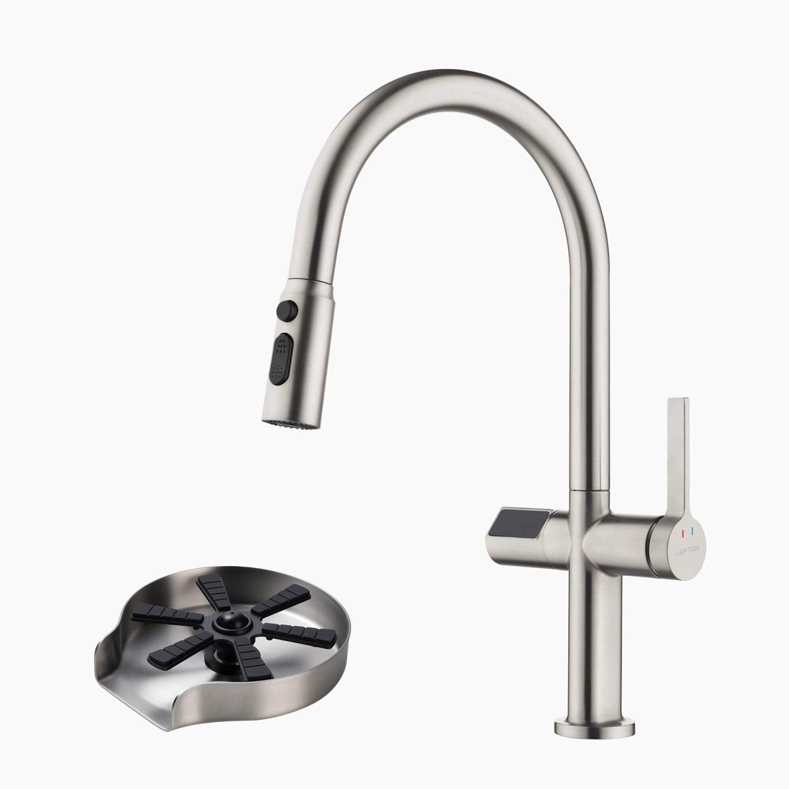 Lefton Touchless Sensor & Pull-Down Kitchen Faucet with Temperature Display-KF2206 with Countertop Glass Rinser-KFR2202