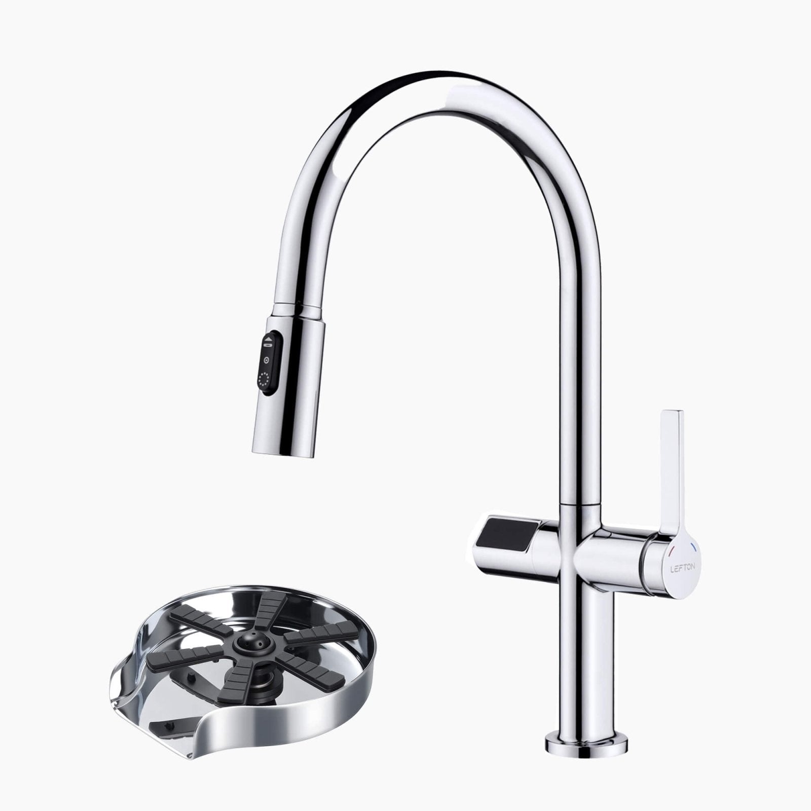 Lefton Touchless Sensor & Pull-Down Kitchen Faucet with Temperature Display-KF2206 with Countertop Glass Rinser-KFR2202