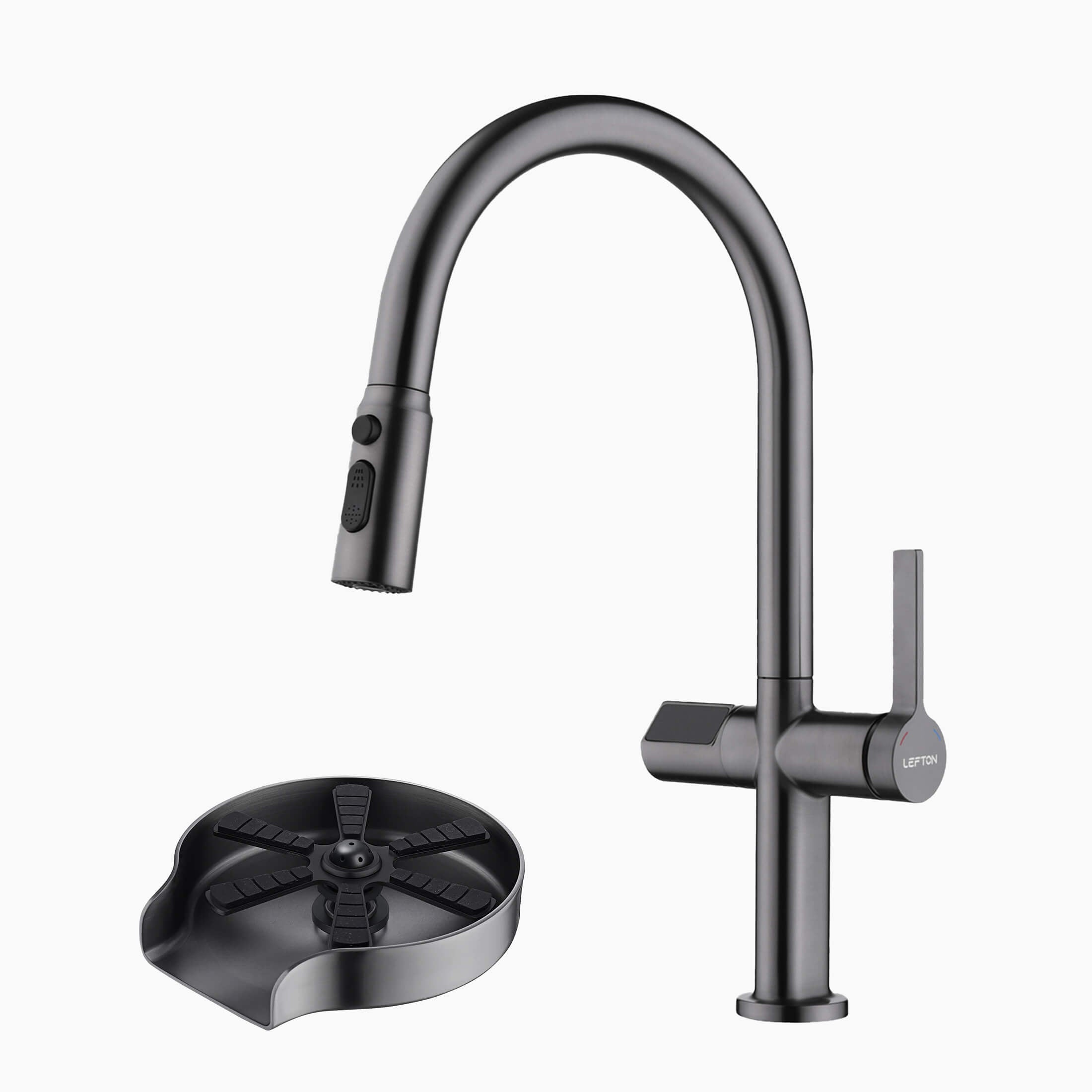 Lefton Touchless Sensor & Pull-Down Kitchen Faucet with Temperature Display-KF2206 with Countertop Glass Rinser-KFR2202 — image 1