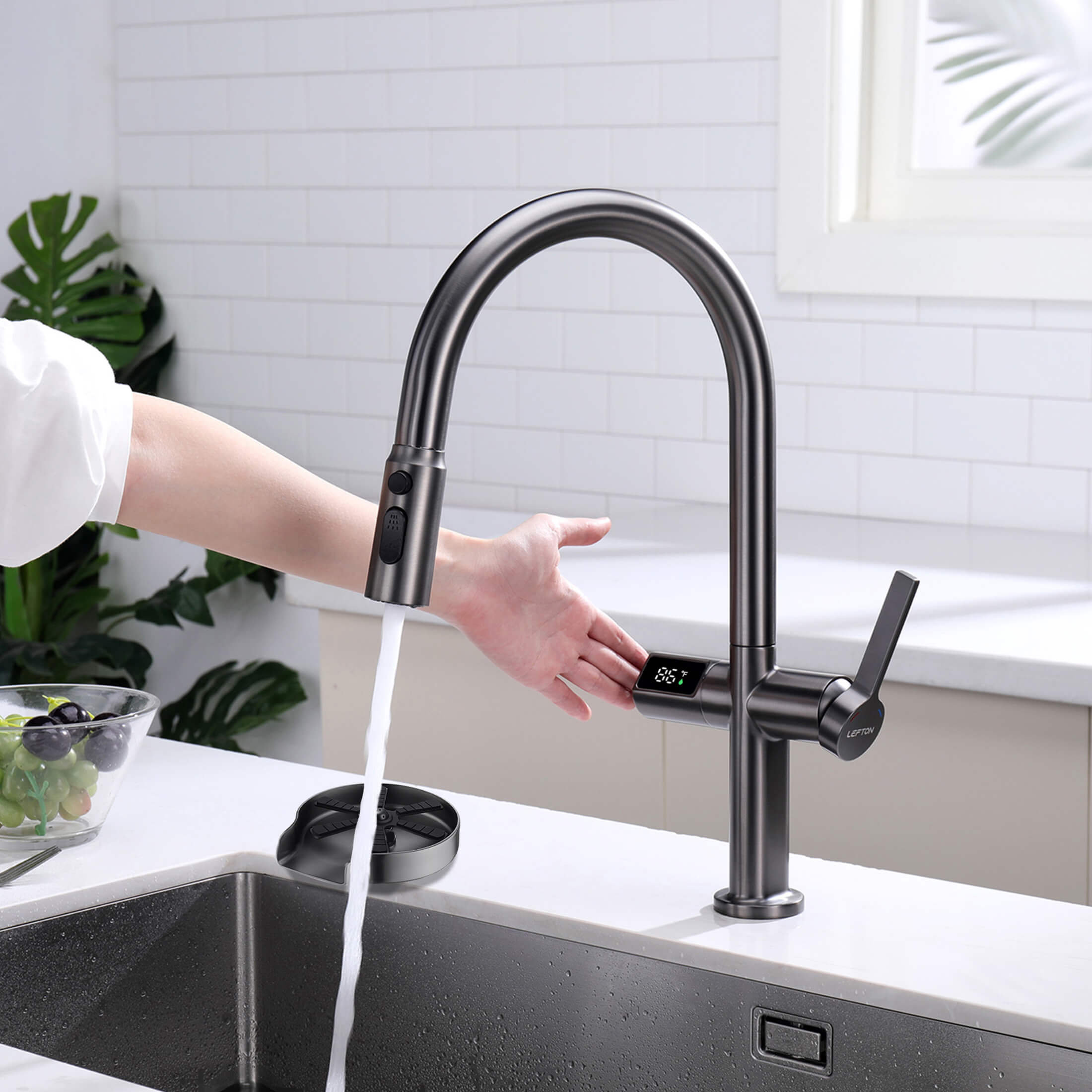 Lefton Touchless Sensor & Pull-Down Kitchen Faucet with Temperature Display-KF2206 with Countertop Glass Rinser-KFR2202 — thumbnail 3