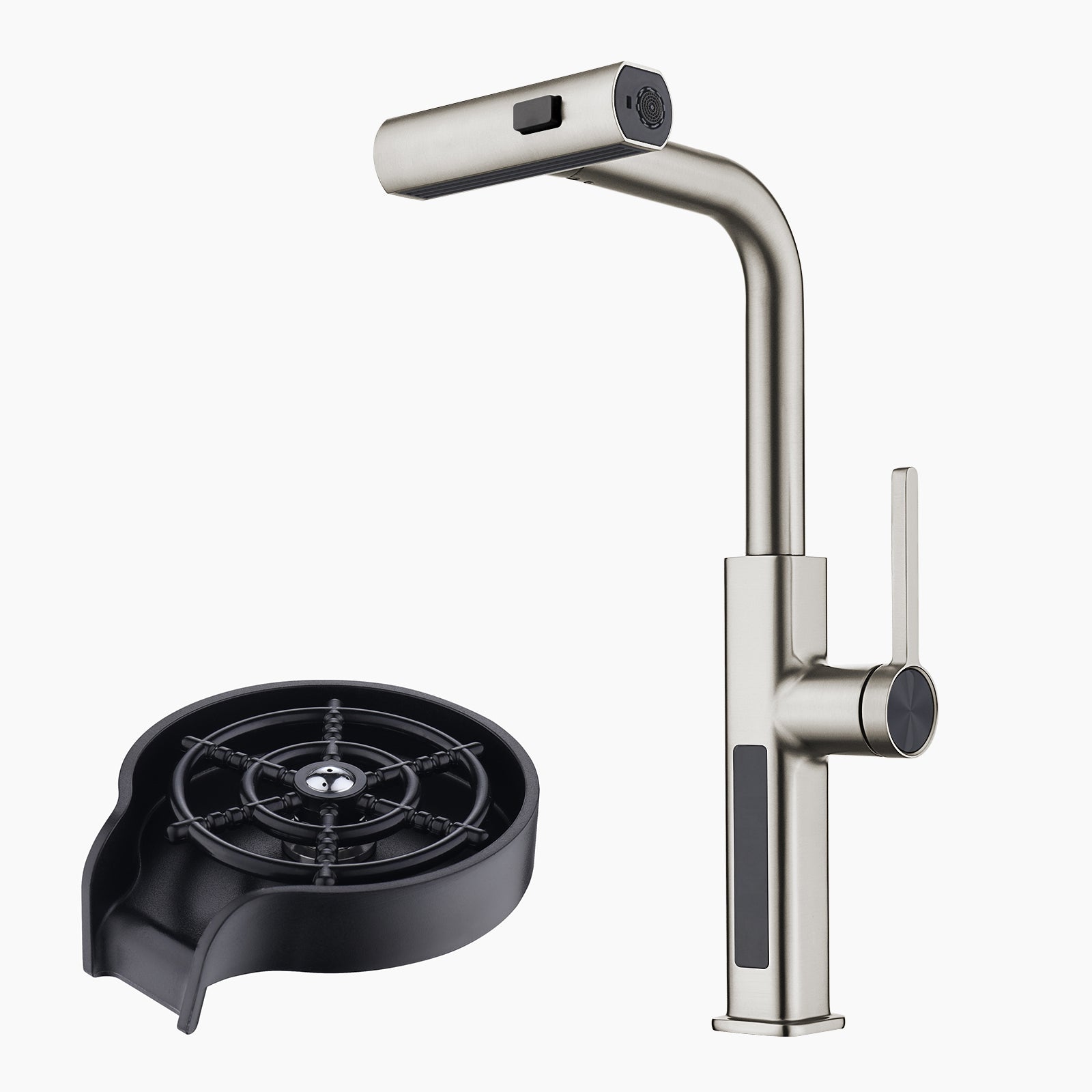 Lefton Waterfall & Pull-Out Kitchen Faucet with Temperature Display-KF2209 with Countertop Glass Rinser-KFR2201