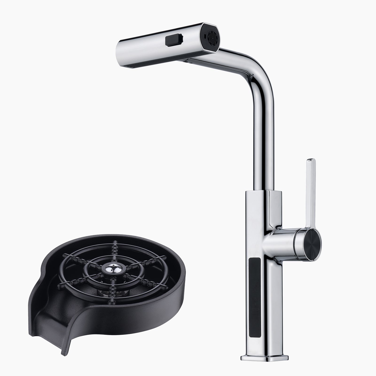 Lefton Waterfall & Pull-Out Kitchen Faucet with Temperature Display-KF2209 with Countertop Glass Rinser-KFR2201