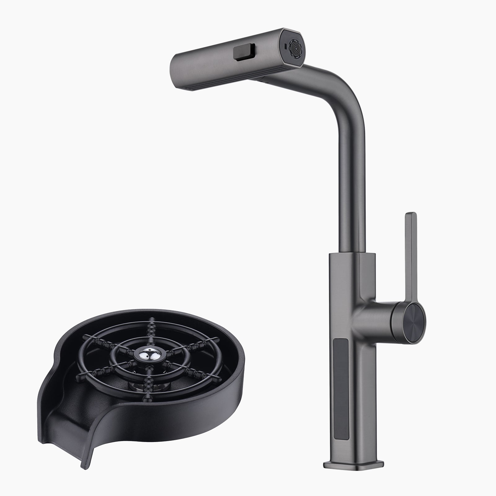Lefton Waterfall & Pull-Out Kitchen Faucet with Temperature Display-KF2209 with Countertop Glass Rinser-KFR2201