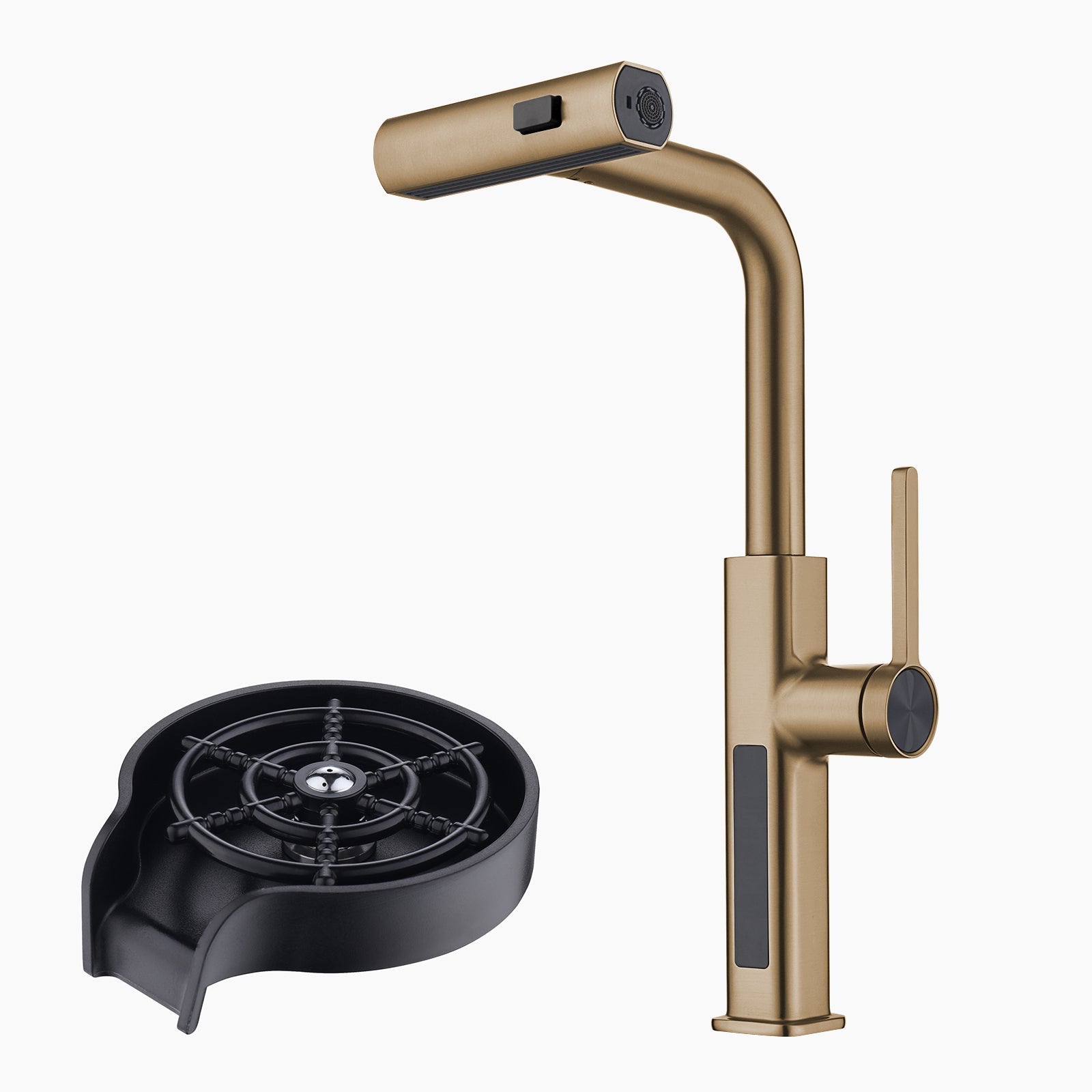 Lefton Waterfall & Pull-Out Kitchen Faucet with Temperature Display-KF2209 with Countertop Glass Rinser-KFR2201