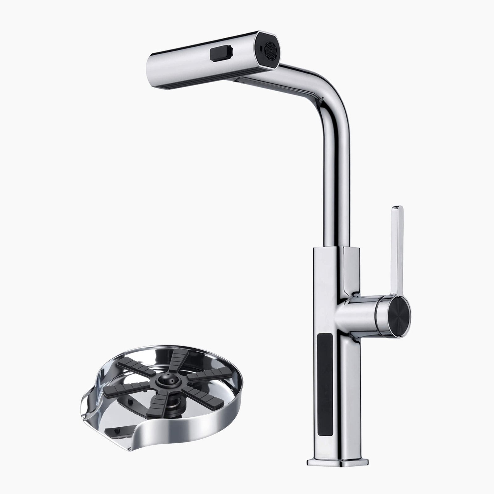 Lefton Waterfall & Pull-Out Kitchen Faucet with Temperature Display-KF2209 with Countertop Glass Rinser-KFR2202