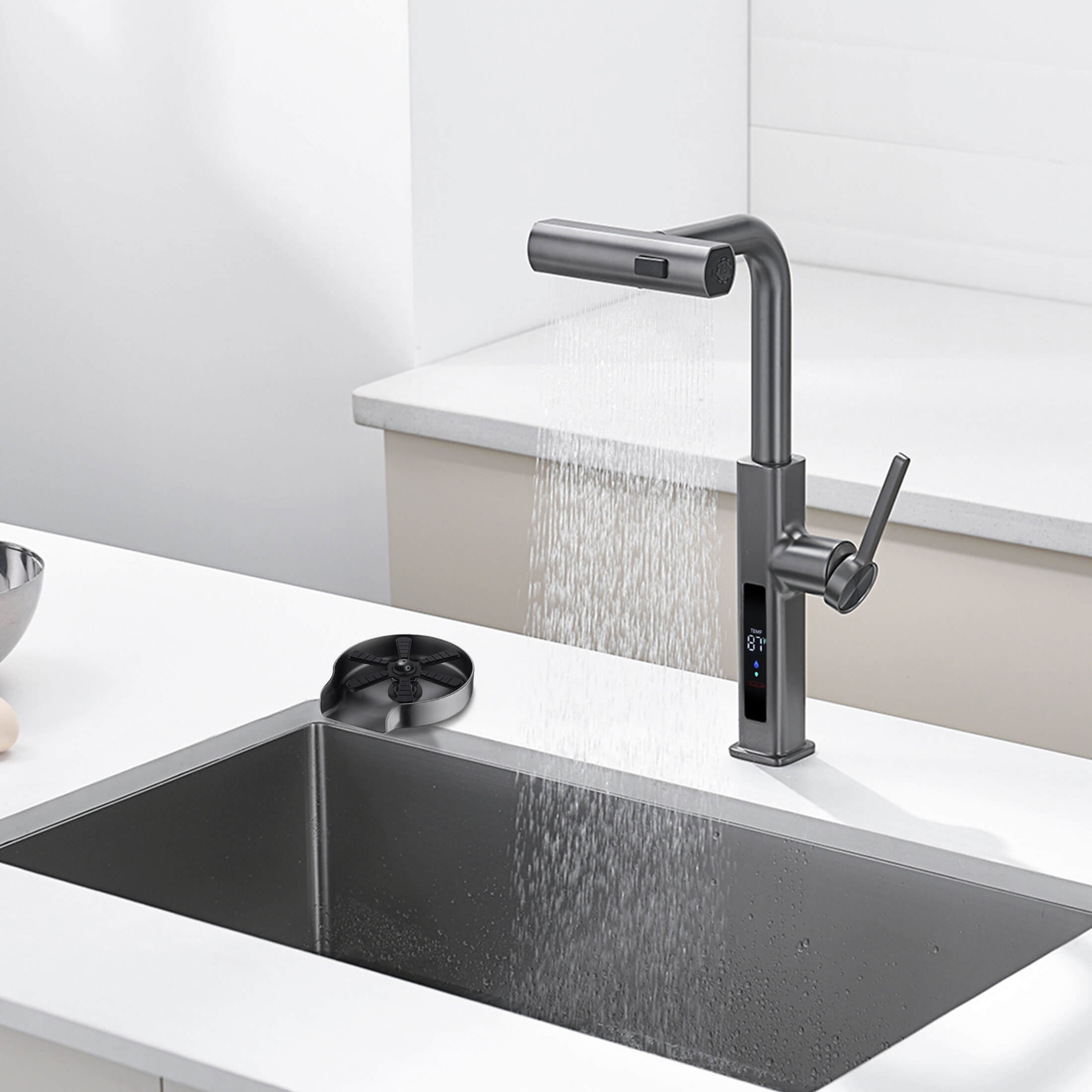 Lefton Waterfall & Pull-Out Kitchen Faucet with Temperature Display-KF2209 with Countertop Glass Rinser-KFR2202 — thumbnail 3