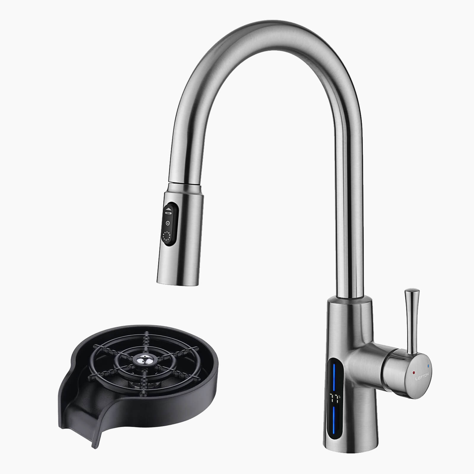 Lefton Modern Pull-Down Kitchen Faucet with Temperature Display-KF2501 with Countertop Glass Rinser-KFR2201