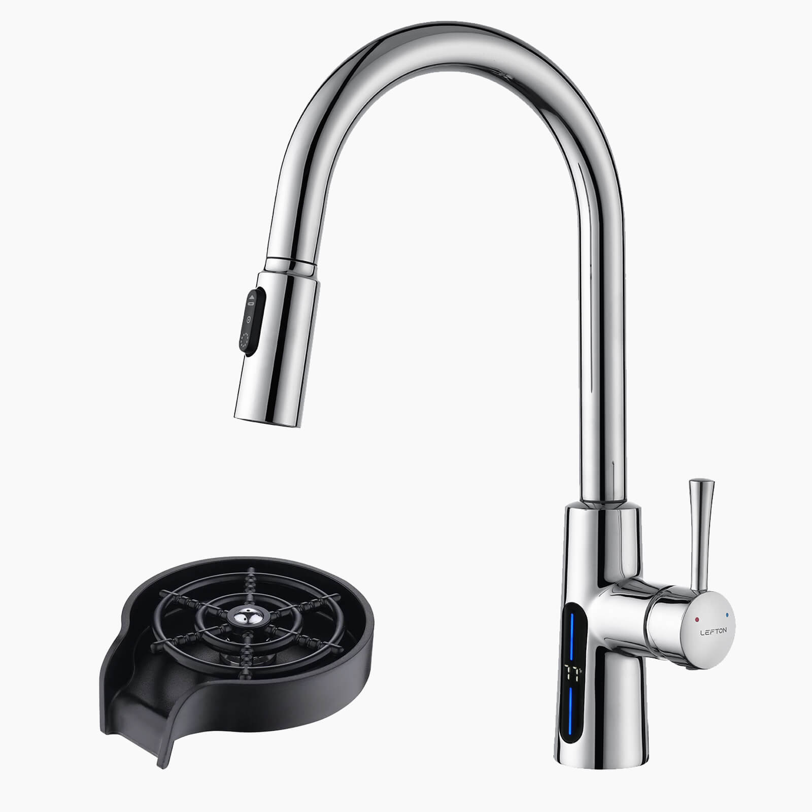 Lefton Modern Pull-Down Kitchen Faucet with Temperature Display-KF2501 with Countertop Glass Rinser-KFR2201 — image 1