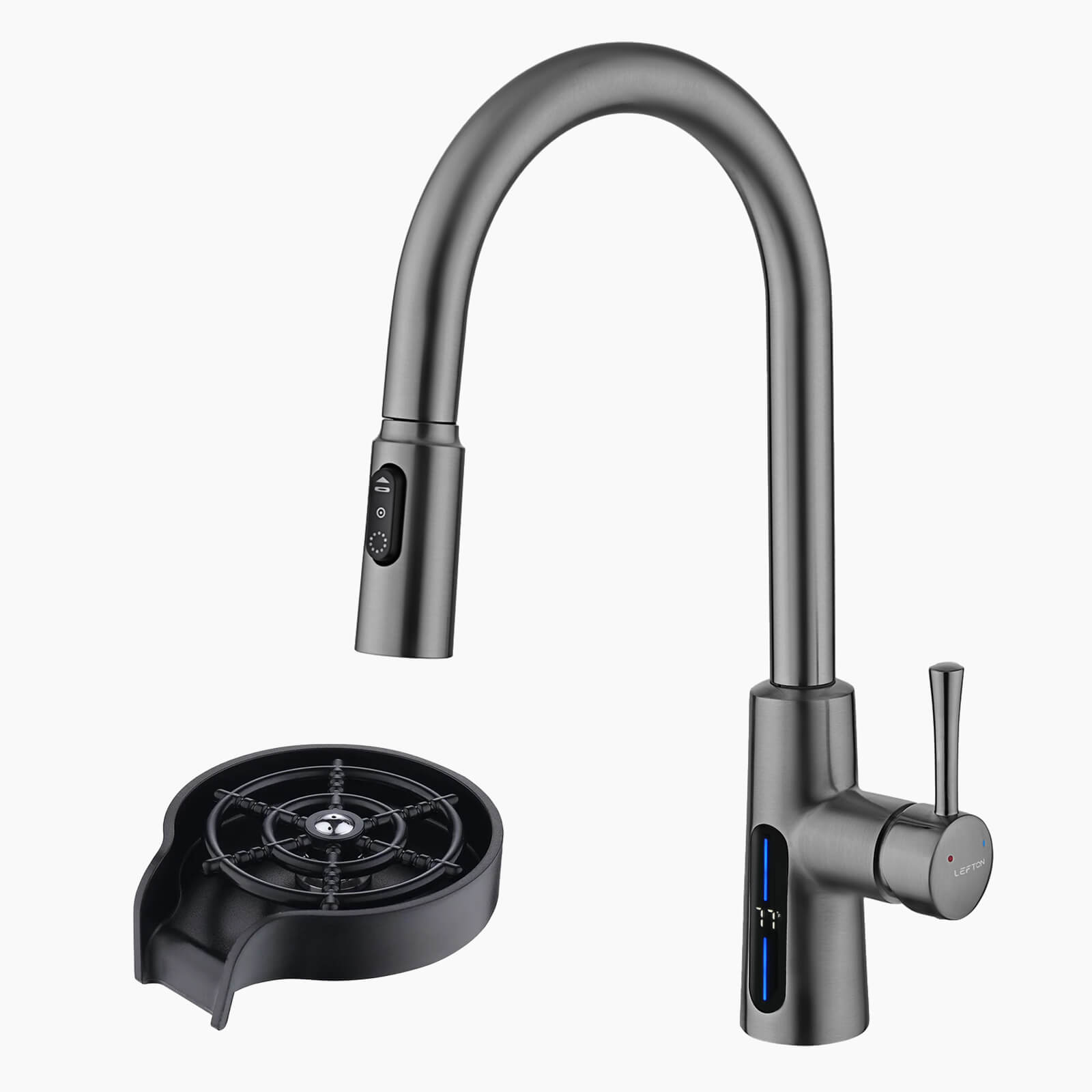 Lefton Modern Pull-Down Kitchen Faucet with Temperature Display-KF2501 with Countertop Glass Rinser-KFR2201 — image 1