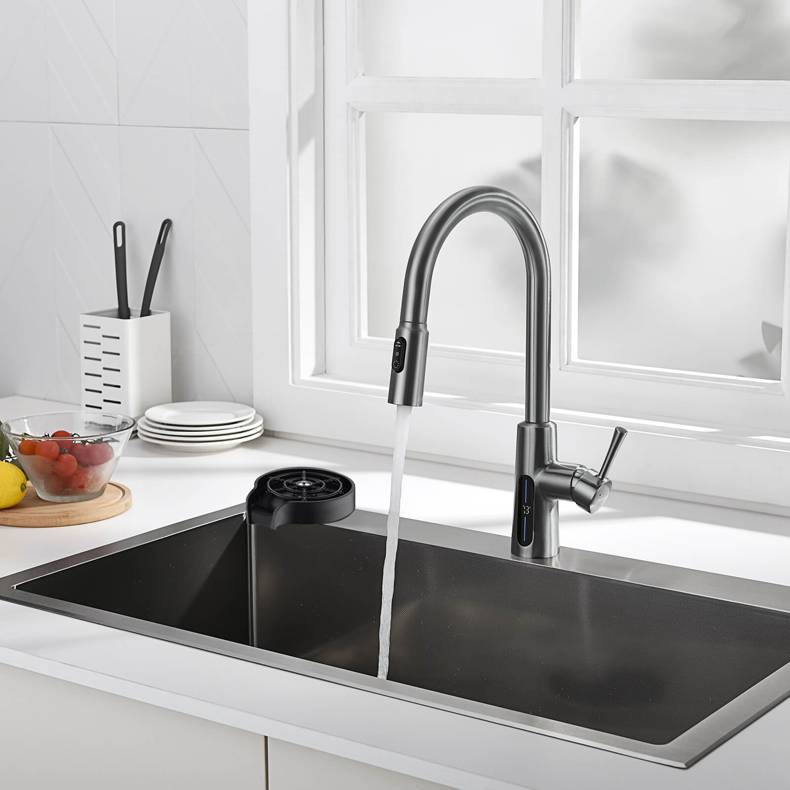 Lefton Modern Pull-Down Kitchen Faucet with Temperature Display-KF2501 with Countertop Glass Rinser-KFR2201 — thumbnail 2