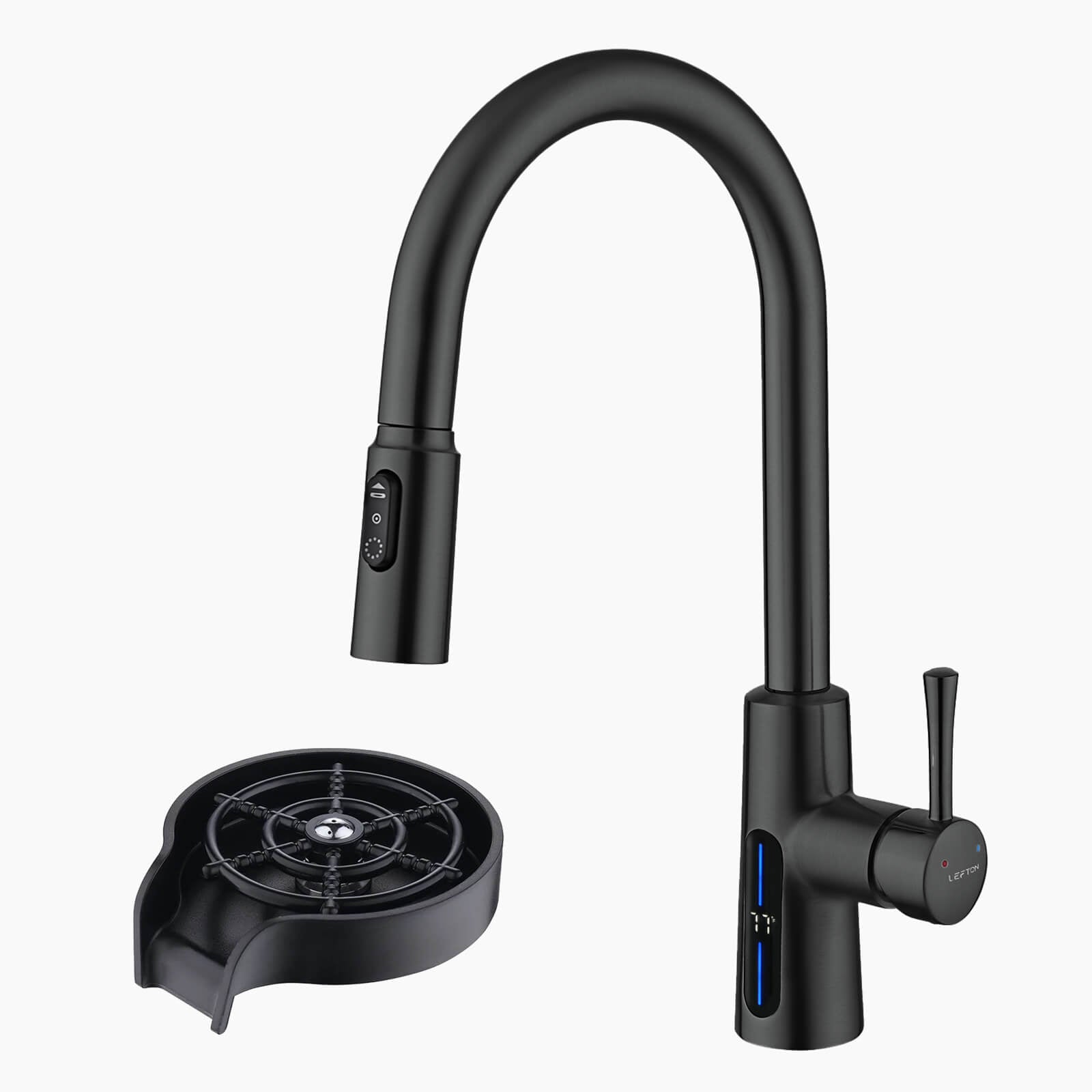 Lefton Modern Pull-Down Kitchen Faucet with Temperature Display-KF2501 with Countertop Glass Rinser-KFR2201