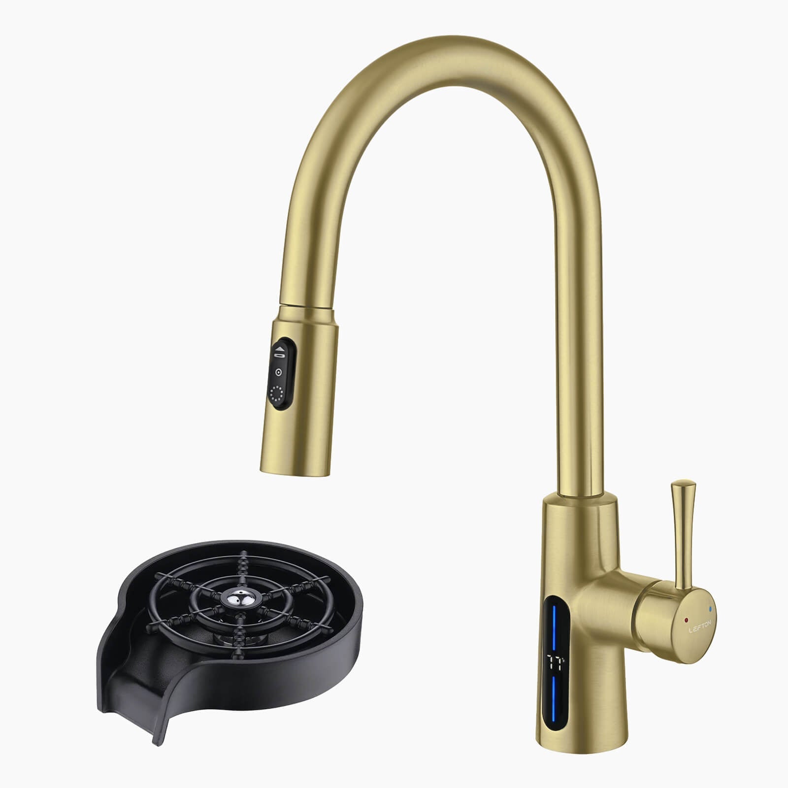 Lefton Modern Pull-Down Kitchen Faucet with Temperature Display-KF2501 with Countertop Glass Rinser-KFR2201 — image 1