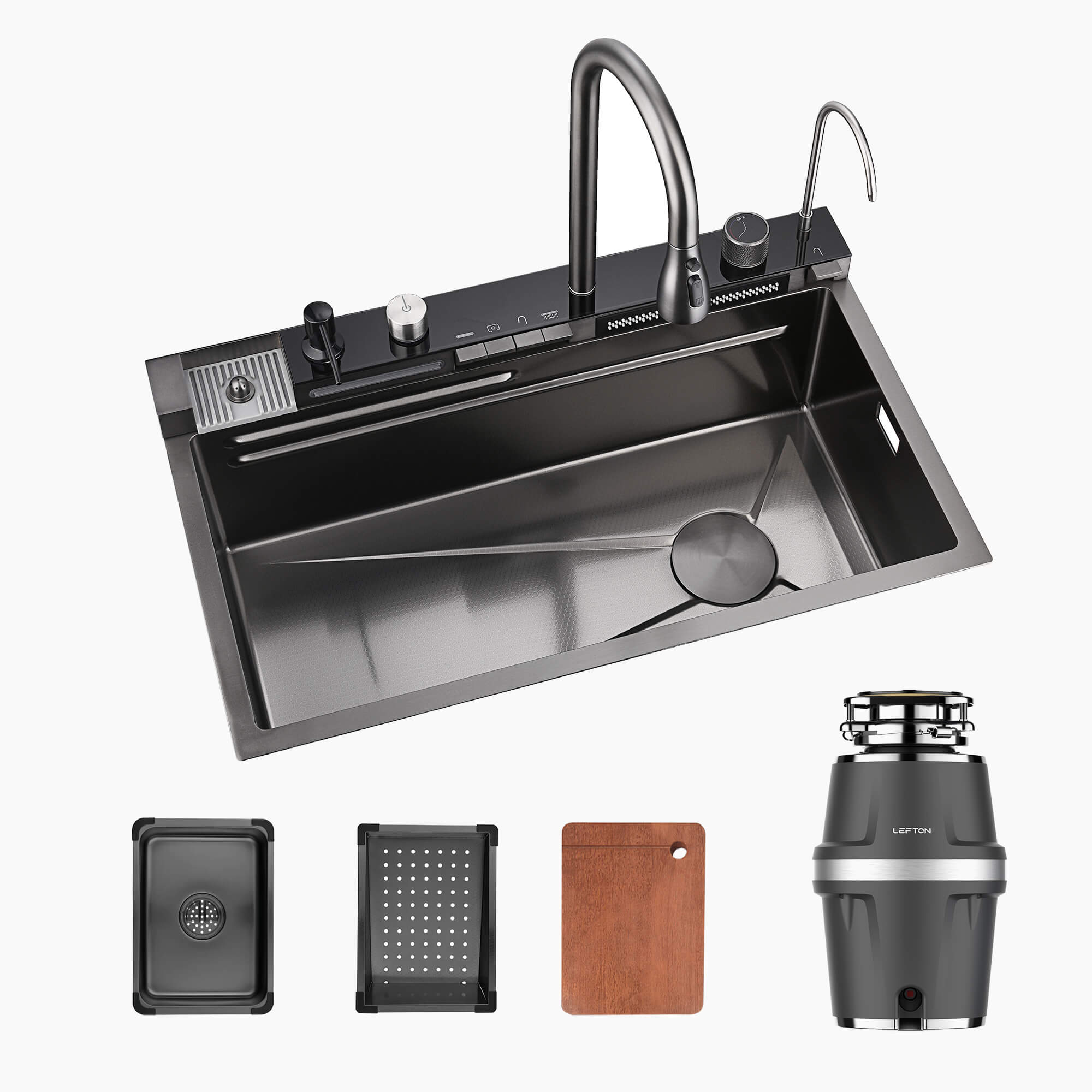 Lefton Drop-In Two Waterfall Faucets Kitchen Sink with Digital Temperature Display-KS2206 with 3/4 HP Garbage Disposal LGD-714